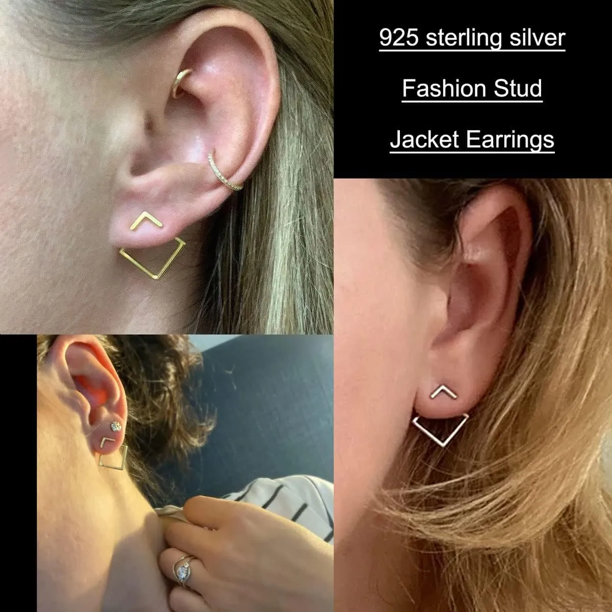 Ear Jacket Earrings 925 Sterling Silver Studs Front Back Earrings for Women Minimalist Geometric V Stud Earrings With Back Design