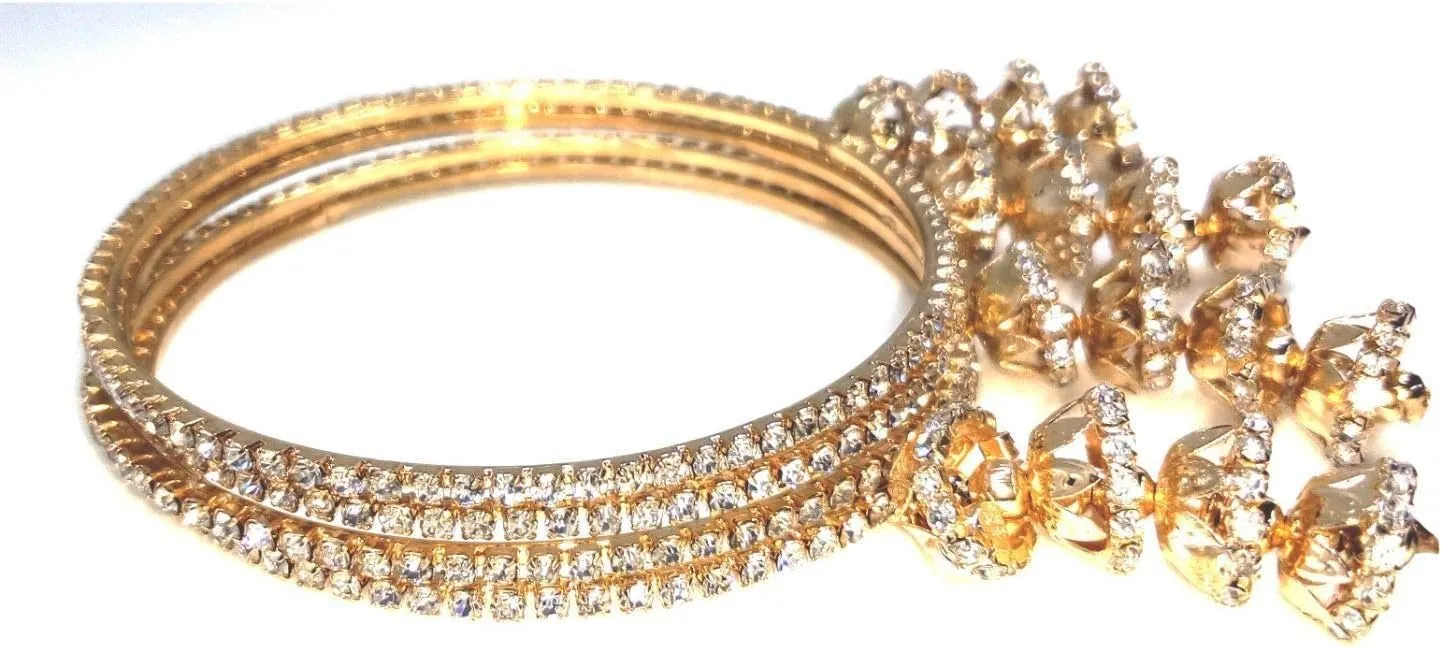 Efulgenz Bangle Sets for Women Indian Bangles with Hanging Jhumka Indian Bollywood Traditional Rhinestone Crystal Wedding Jhumka Tassel Bracelet Bangle Set Jewelry