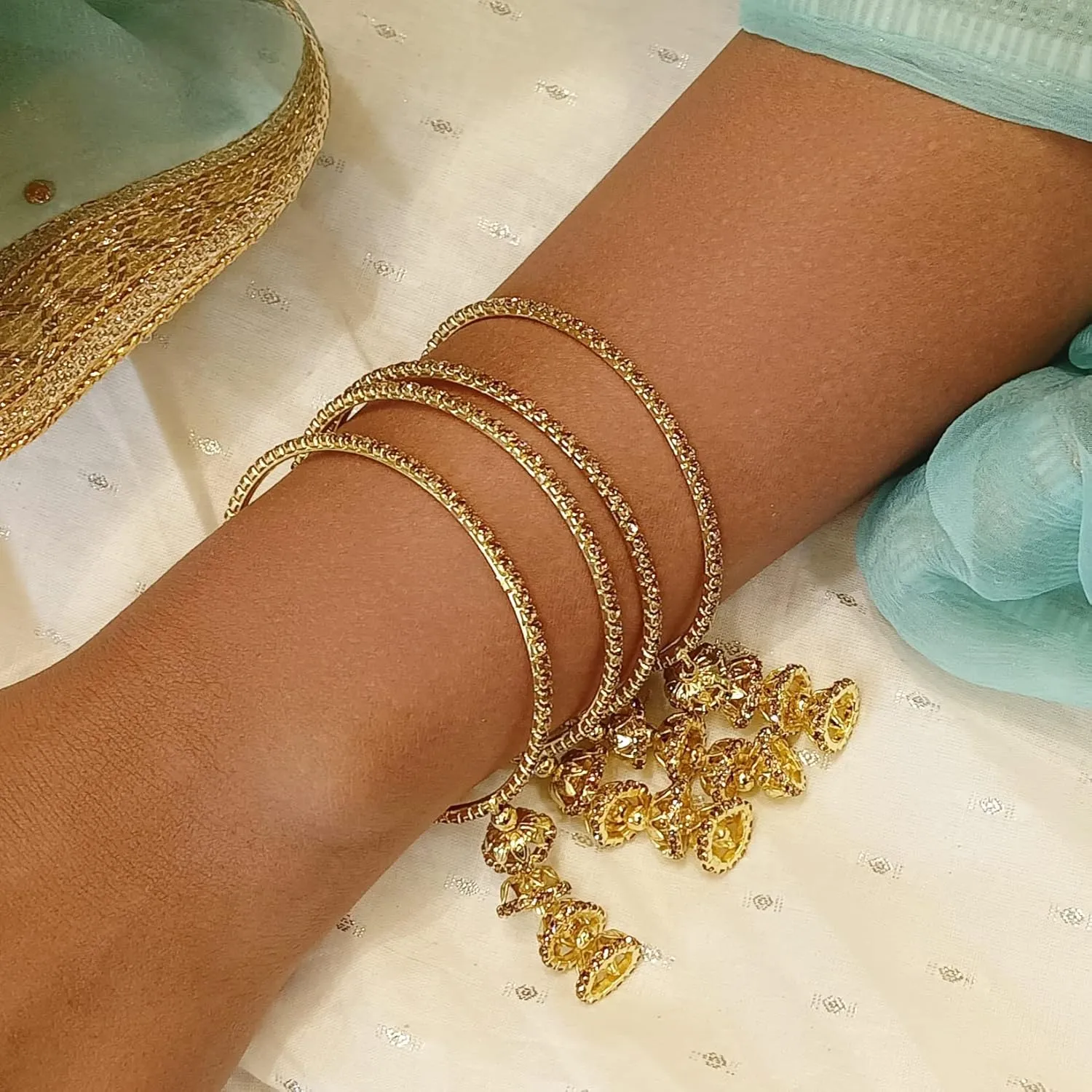 Efulgenz Bangles for Women Indian Jewelry Indian Bollywood Traditional Rhinestone Crystal Wedding Jhumka Tassel Bracelet Bangle Set Jewelry Indian Bangles Sets for Women