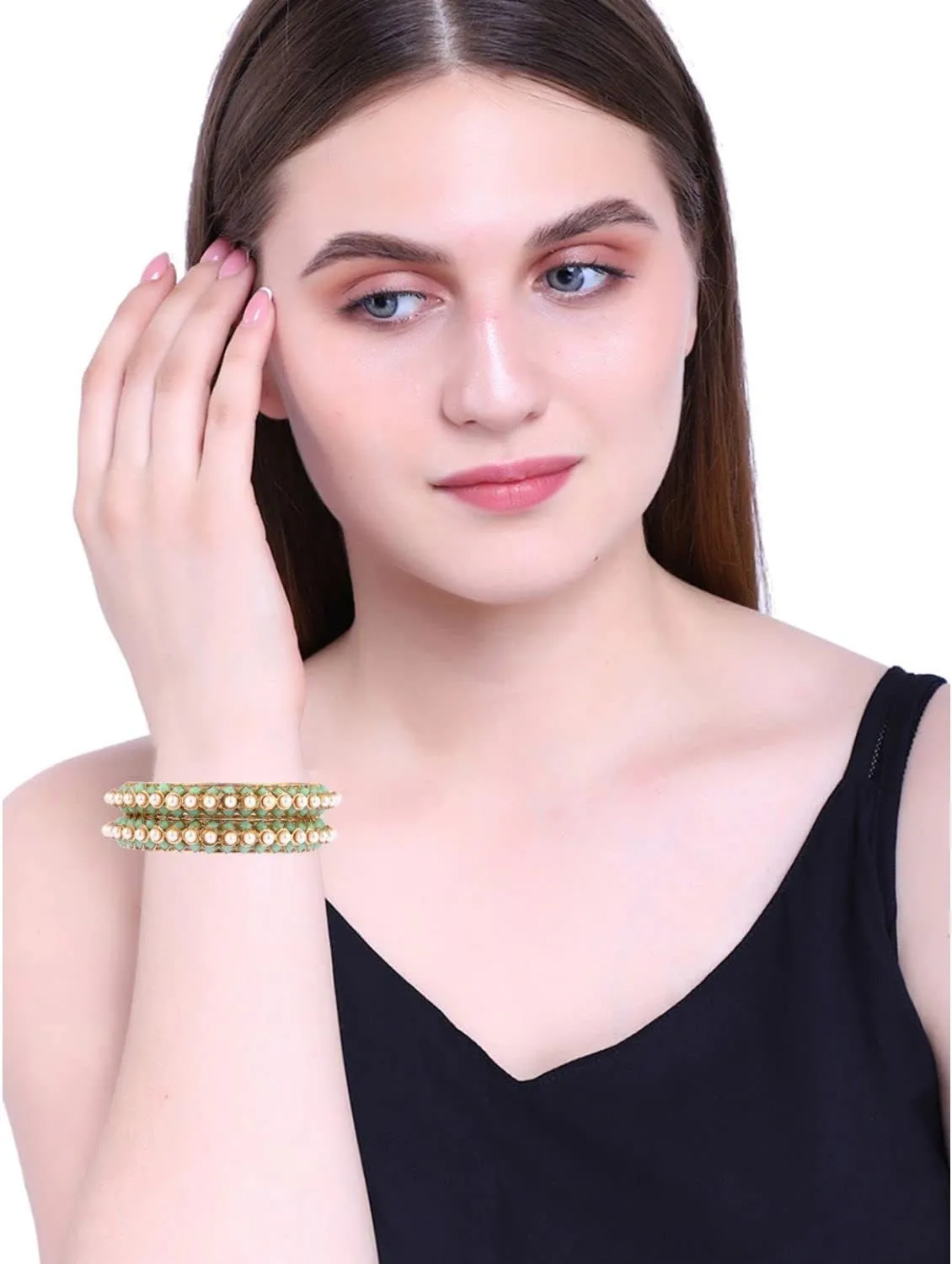 Efulgenz Bangles Set for Women Indian Jewelry Beaded Bangles Faux Pearl Antique Boho Kundan Bangle Crystal Bracelet Bridal Wedding Party Statement Jewelry for Women