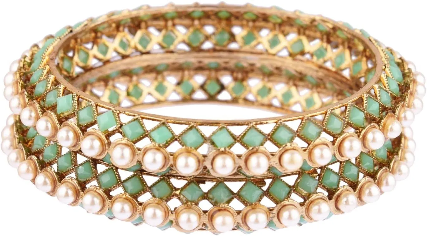 Efulgenz Bangles Set for Women Indian Jewelry Beaded Bangles Faux Pearl Antique Boho Kundan Bangle Crystal Bracelet Bridal Wedding Party Statement Jewelry for Women