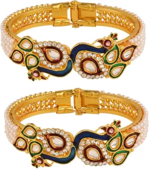 Efulgenz Fashion Jewellery Indian Bollywood 14 K Gold Plated Faux Pearl Kundan Rhinestone Peacock Bracelet Bangle (2 Pc)