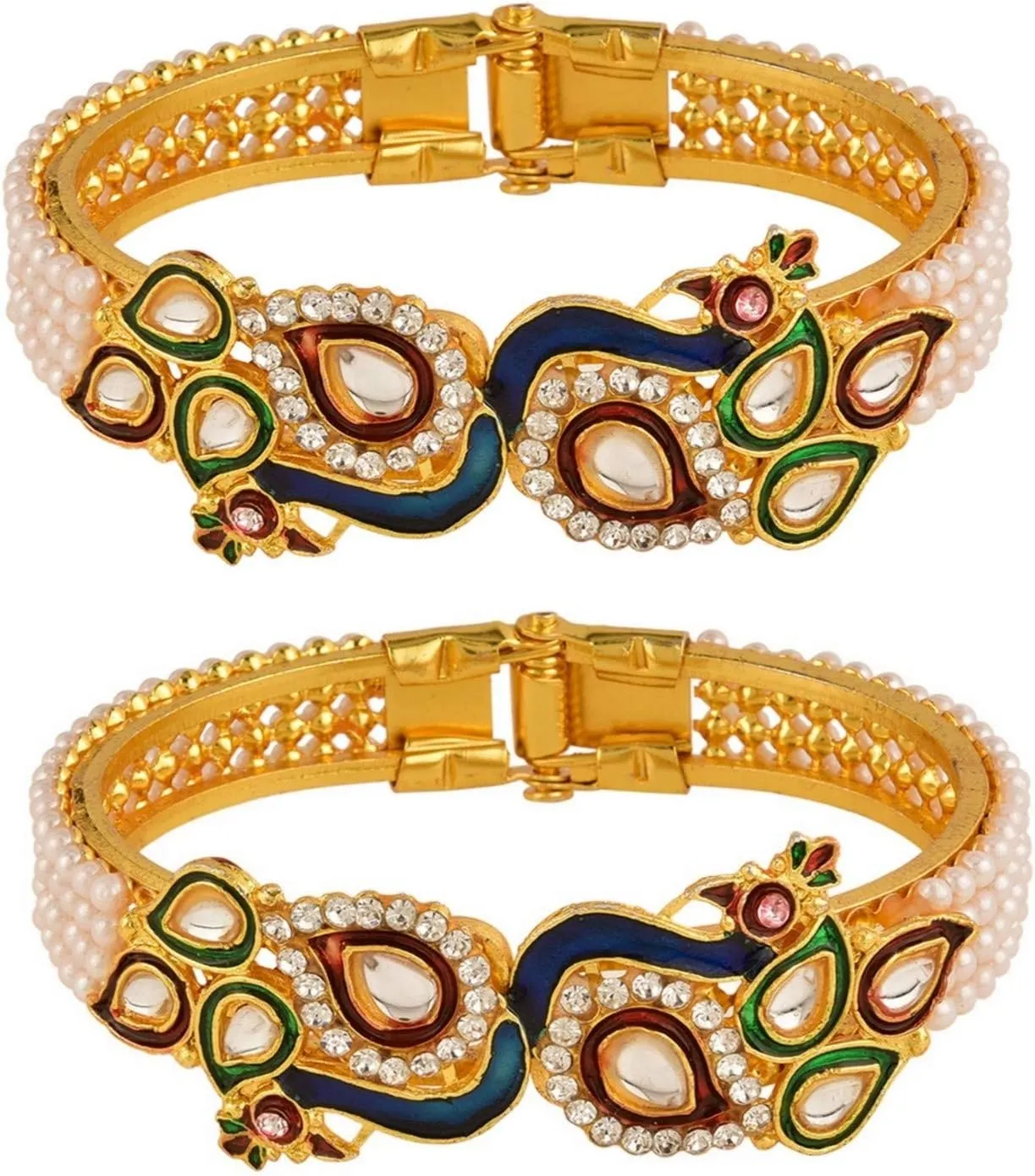 Efulgenz Fashion Jewellery Indian Bollywood 14 K Gold Plated Faux Pearl Kundan Rhinestone Peacock Bracelet Bangle (2 Pc)
