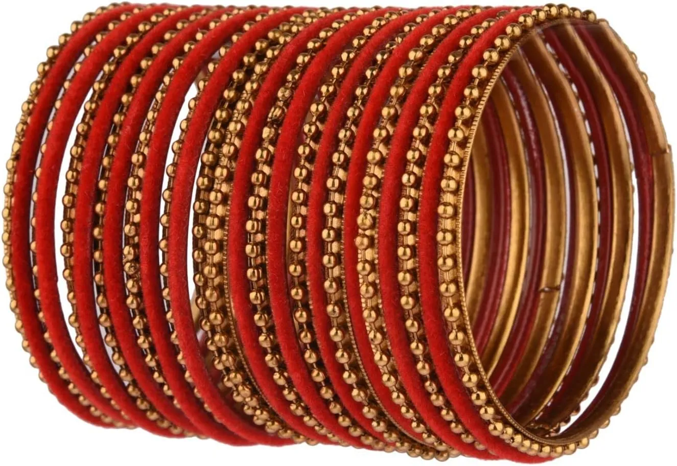 Efulgenz Indian Bangle Set Plain Velvet Bangles with Oxidized Metal Ball Bangle Bracelet Boho Bohemian Bracelet Metal Bangle Set Statement Fashion Jewelry for Women