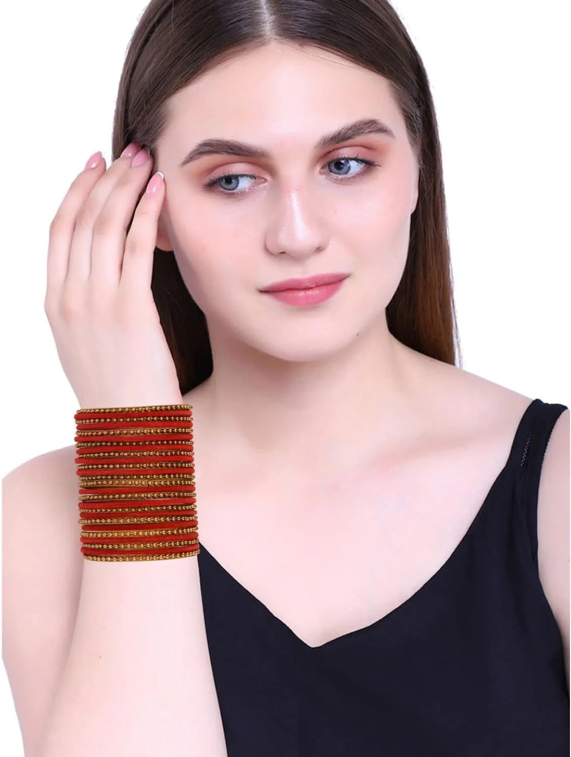Efulgenz Indian Bangle Set Plain Velvet Bangles with Oxidized Metal Ball Bangle Bracelet Boho Bohemian Bracelet Metal Bangle Set Statement Fashion Jewelry for Women