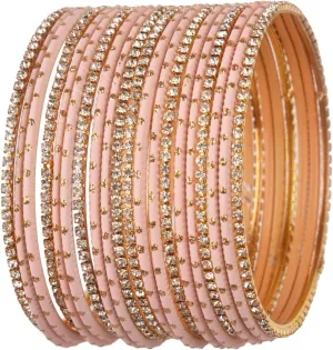 Efulgenz Indian Bangle Set Rhinestone CZ Plain Metal Bracelet Bangle Jewelry for Women (20 Pcs) Size-2.8, Peach Color