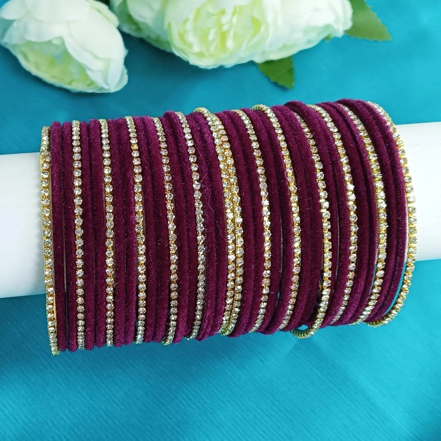 Efulgenz Indian Bangles for Women Indian Bangle Set Bollywood CZ Crystal Rhinestone Wedding Bridal Velvet Bangle Bracelets Jewelry for Women (38 Pcs)