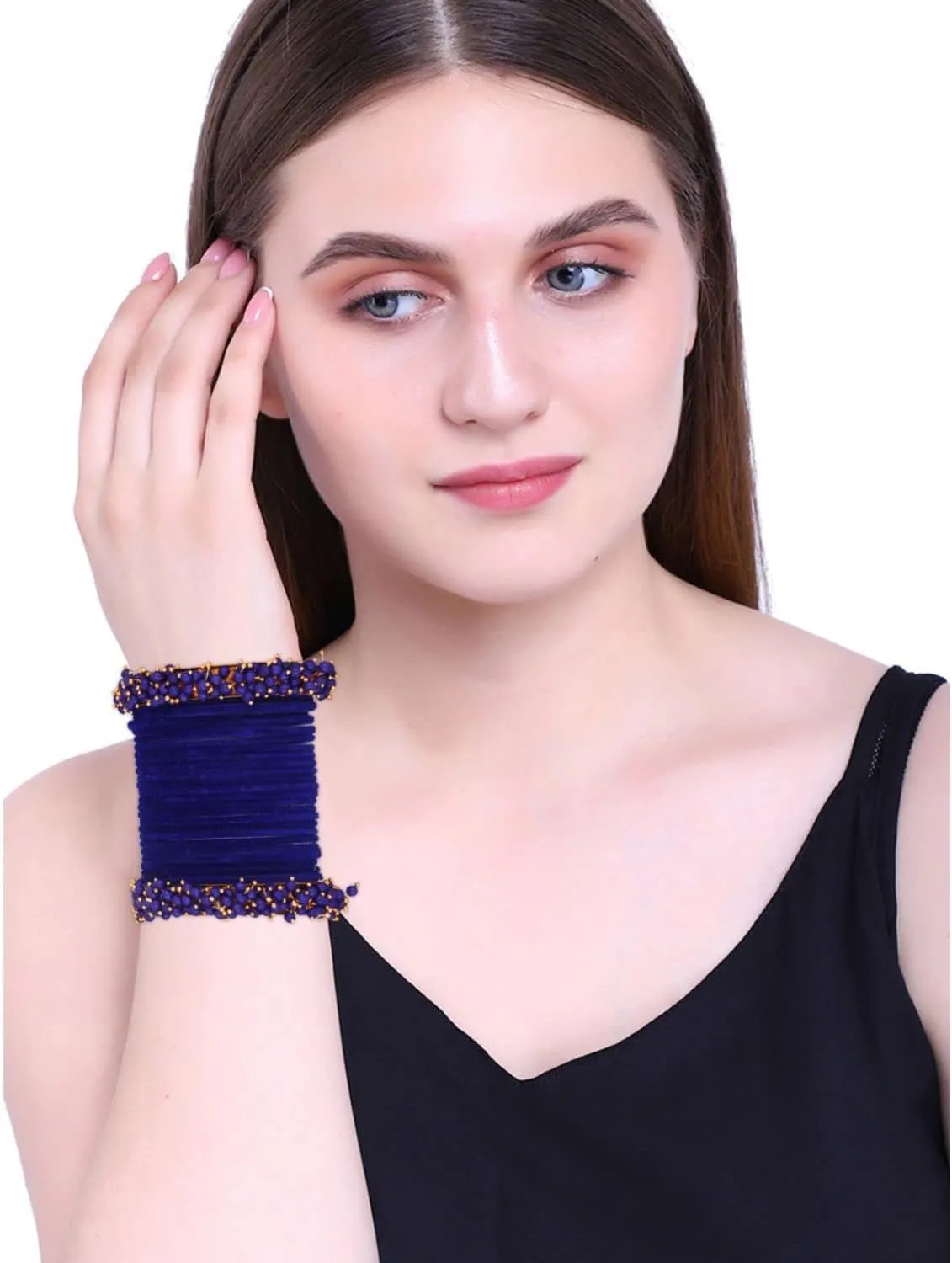 Efulgenz Indian Bangles for Women Indian Bangle Set Bollywood Faux Pearls Beads Plain Velvet Bracelet Bangle Wedding Bridal Jewelry for Women (26 Pcs)