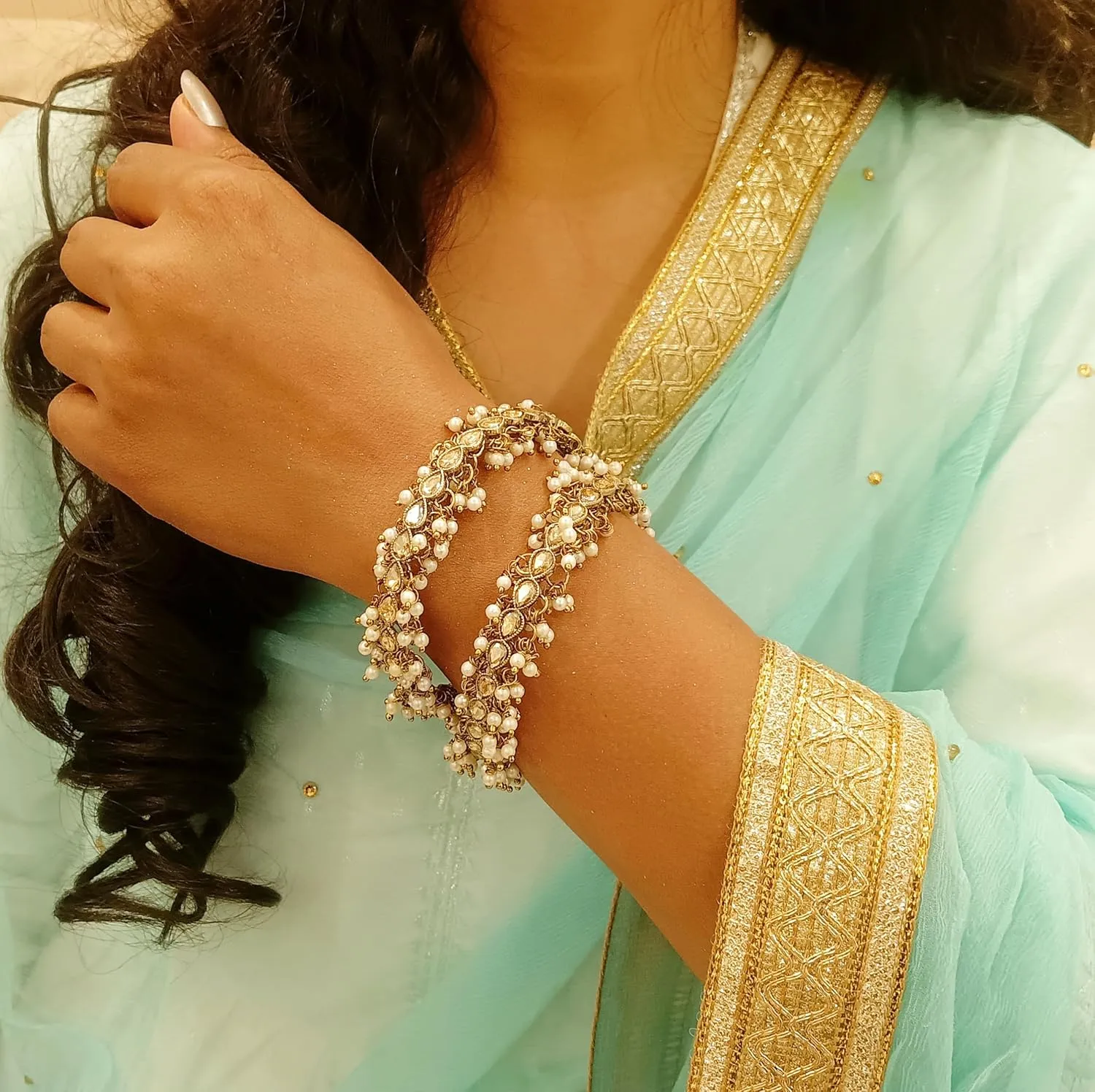 Efulgenz Indian Kundan Bangles Bridal Tear Drop Crystal Bangles with Faux Pearl Charms Beaded Bracelet Set Antique Finish Boho Bohemian Bridal Wedding Jewelry Indian Bangle Set for Women