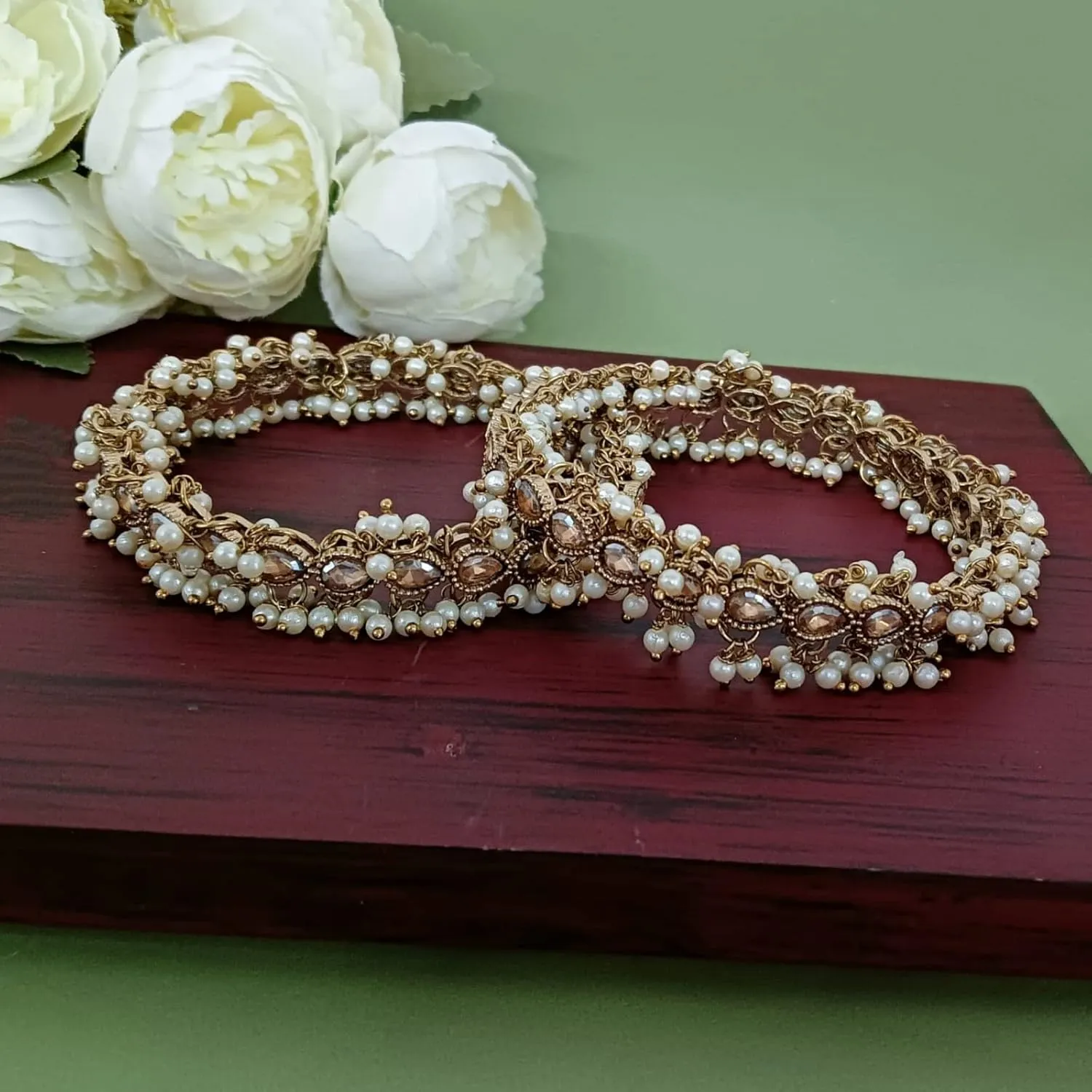 Efulgenz Indian Kundan Bangles Bridal Tear Drop Crystal Bangles with Faux Pearl Charms Beaded Bracelet Set Antique Finish Boho Bohemian Bridal Wedding Jewelry Indian Bangle Set for Women