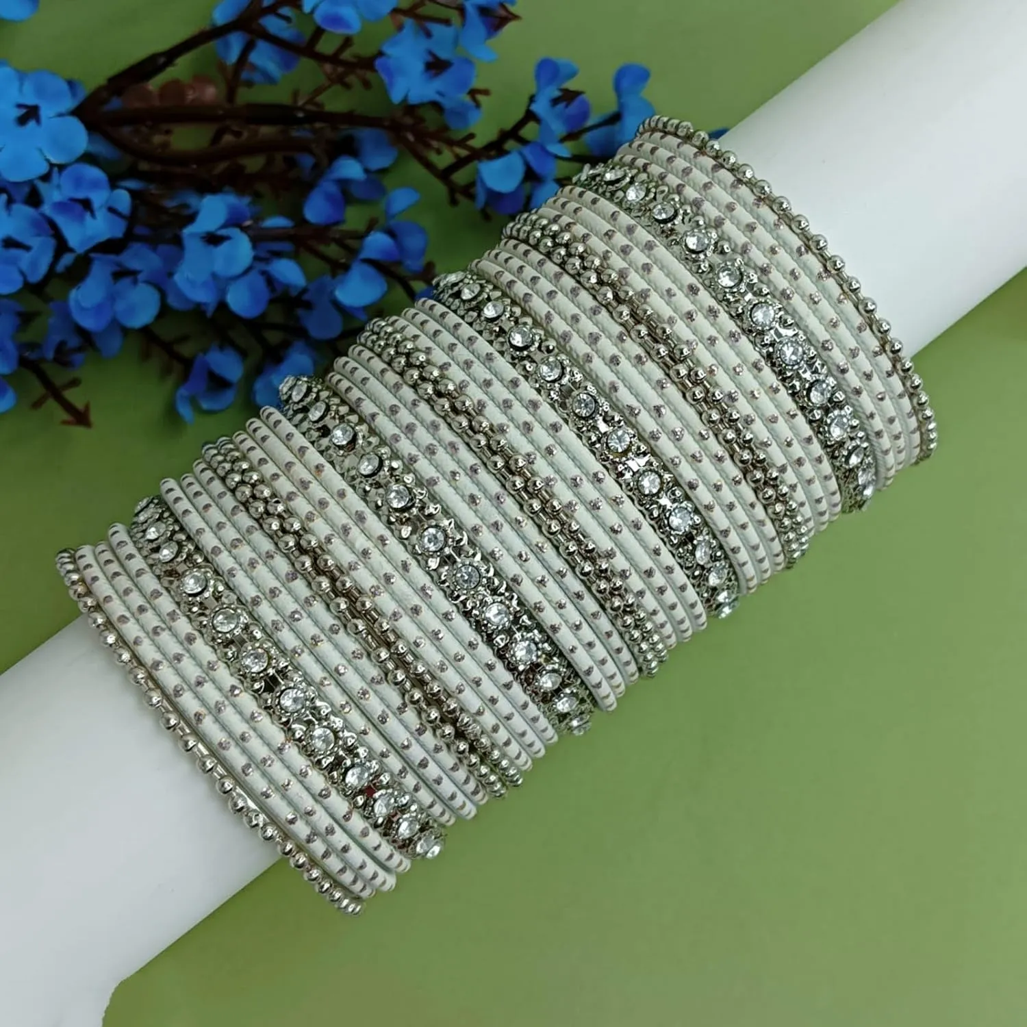 Efulgenz Indian Oxidized Jewelry for Navratri Indian Bangle Set Rhinestone Crystal Boho Oxidized Bracelet Metal Bangle Set Jewelry for Women, 2-4, Silver