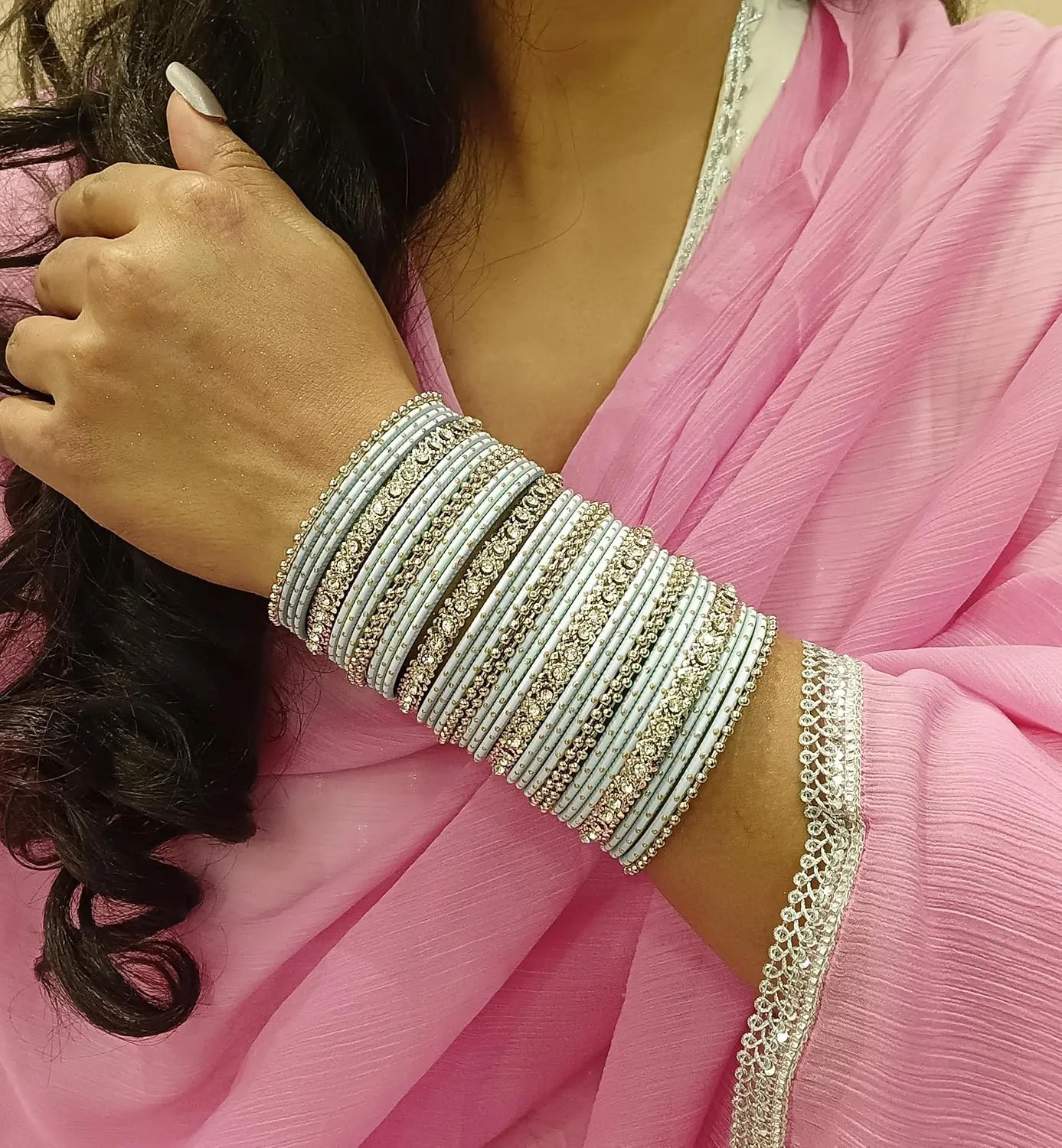 Efulgenz Indian Oxidized Jewelry for Navratri Indian Bangle Set Rhinestone Crystal Boho Oxidized Bracelet Metal Bangle Set Jewelry for Women, 2-4, Silver