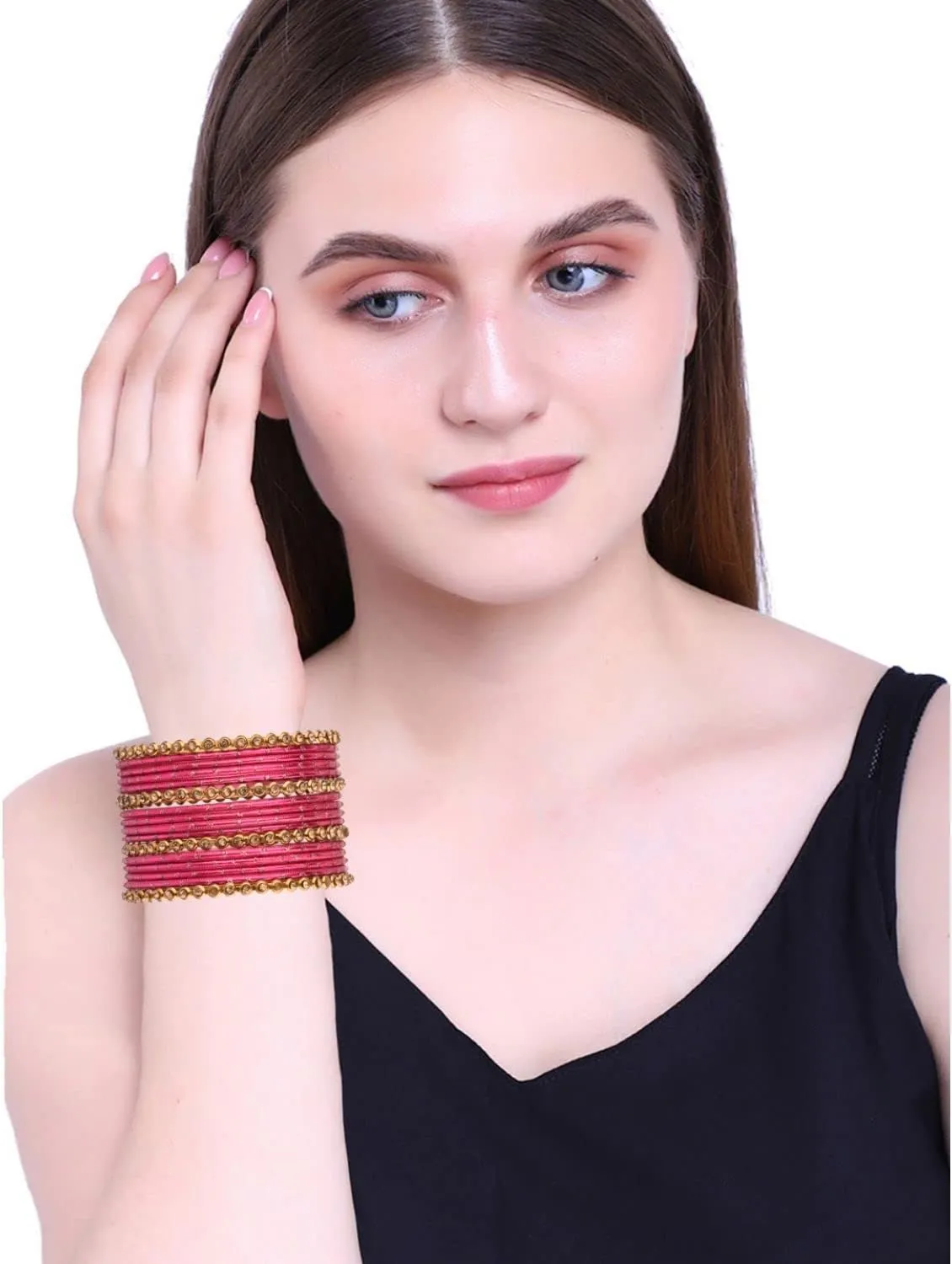Efulgenz Metal Bangle Set Oxidized Crystal Bangles with Two Dozen Glossy Finish Textured Dotted Metal Bangles Indian Bangles for Women Boho Bracelet Bangle Bollywood Fashion Statement Jewelry