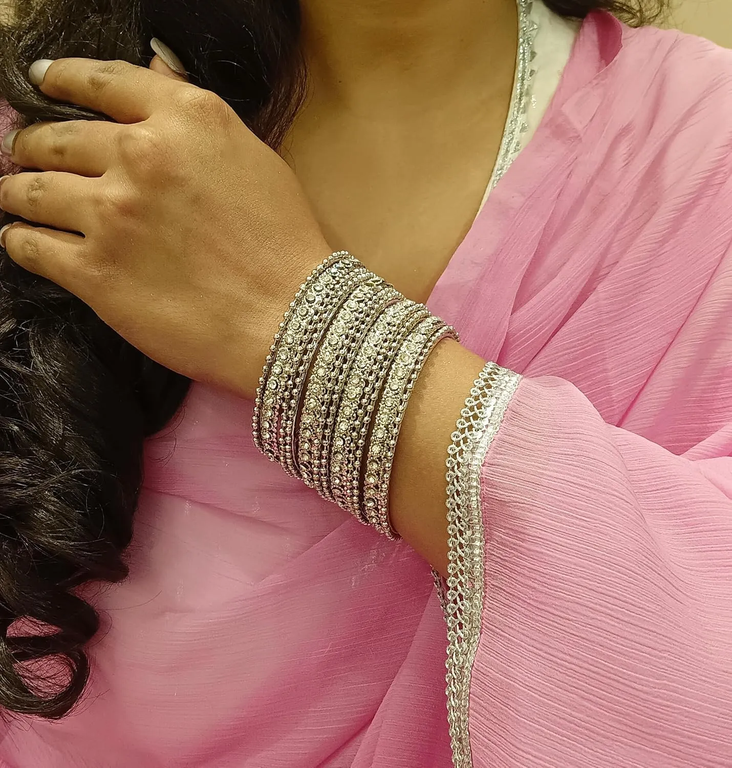 Efulgenz Oxidized Silver Bangles for Women Indian Boho Oxidized Bangles CZ Crystal Metal Indian Bracelet Bangle Set Jewellery for Women