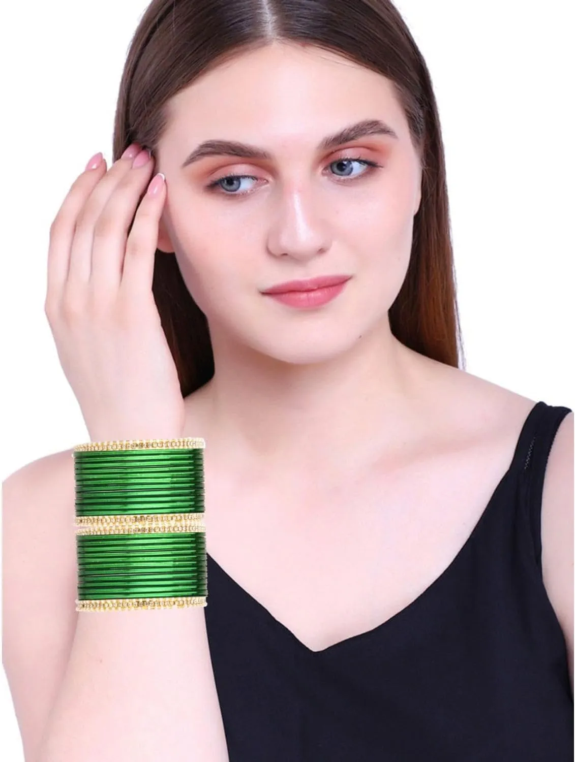 Efulgenz Pearl Bangle Bracelet Set Indian Bangles Set Faux Pearl CZ Rhinestone Beaded Bracelet with Glossy Metal Bangles Fashion Costume Accessories Party Wedding Bollywood Jewelry for Women