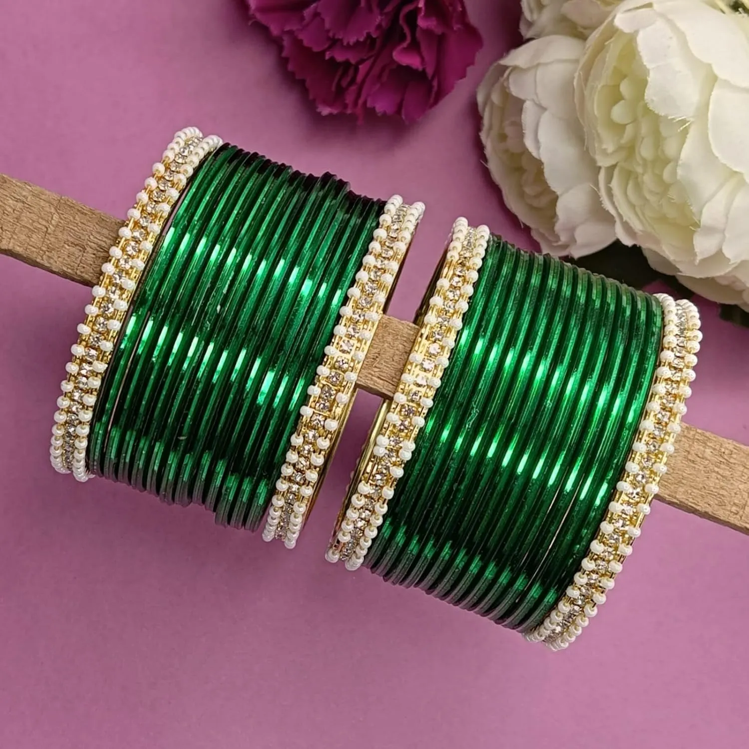Efulgenz Pearl Bangle Bracelet Set Indian Bangles Set Faux Pearl CZ Rhinestone Beaded Bracelet with Glossy Metal Bangles Fashion Costume Accessories Party Wedding Bollywood Jewelry for Women