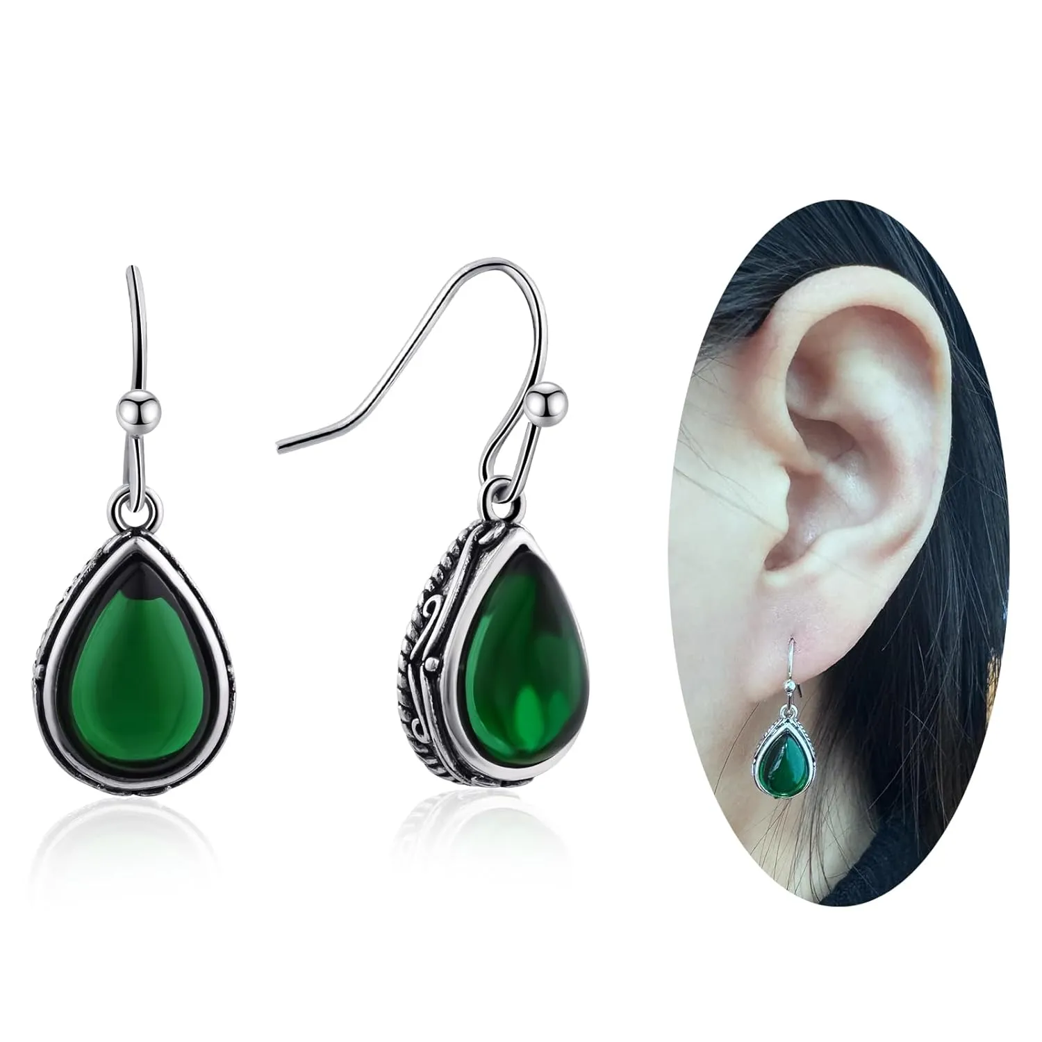 Emerald Green Dangle Drop Earrings Silver Teardrop Vintage Earrings Crystal Hanging Earrings Birthstone Earrings for Women Girls