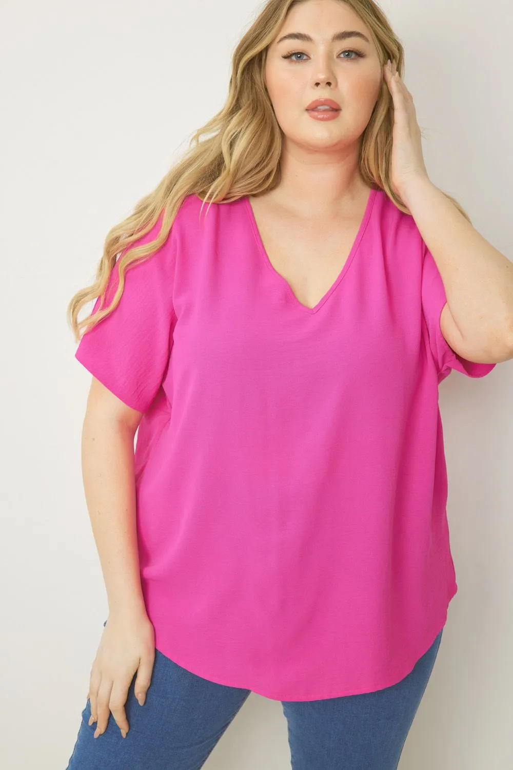 Entro Solid V-Neck Top Featuring Asymmetric Rounded Hem In Hot Pink Plus