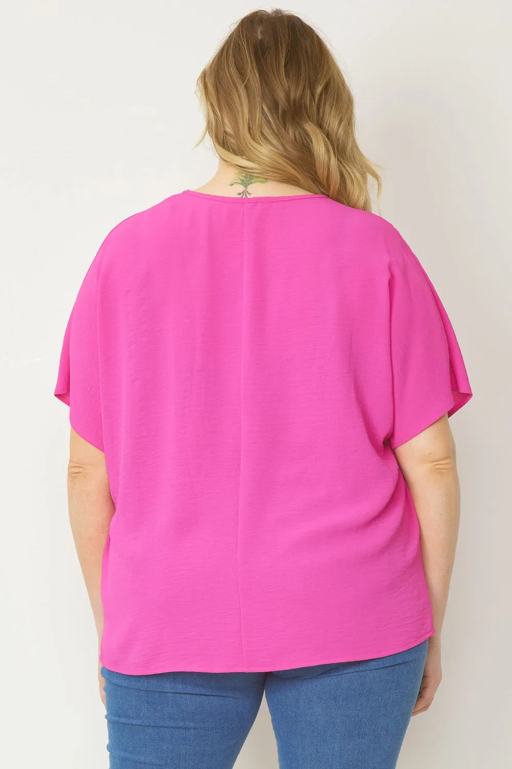 Entro Solid V-Neck Top Featuring Asymmetric Rounded Hem In Hot Pink Plus