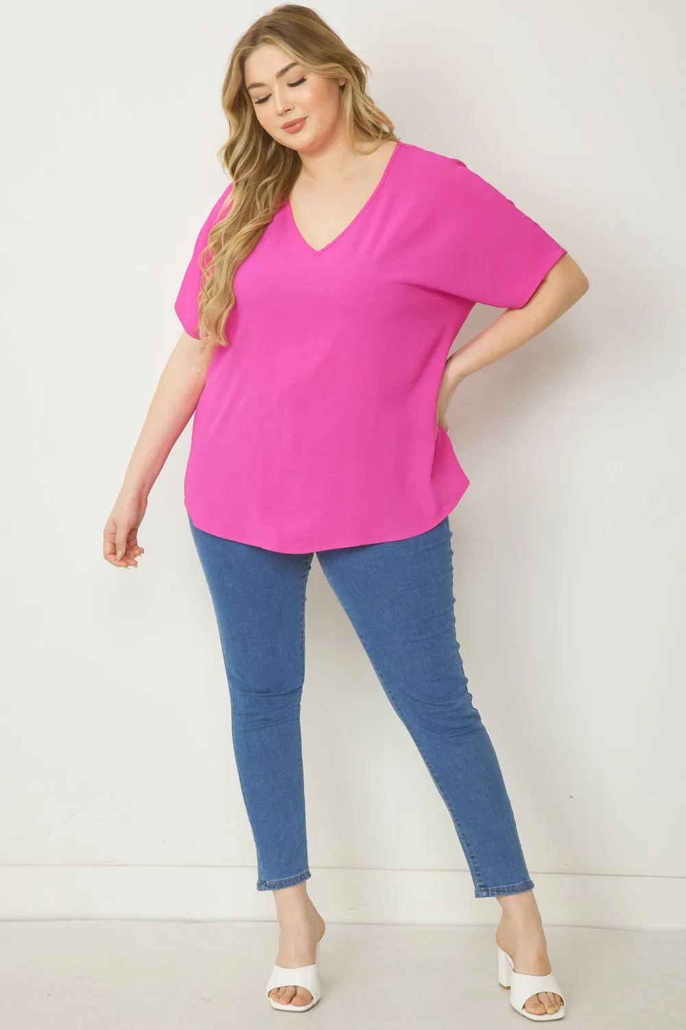 Entro Solid V-Neck Top Featuring Asymmetric Rounded Hem In Hot Pink Plus