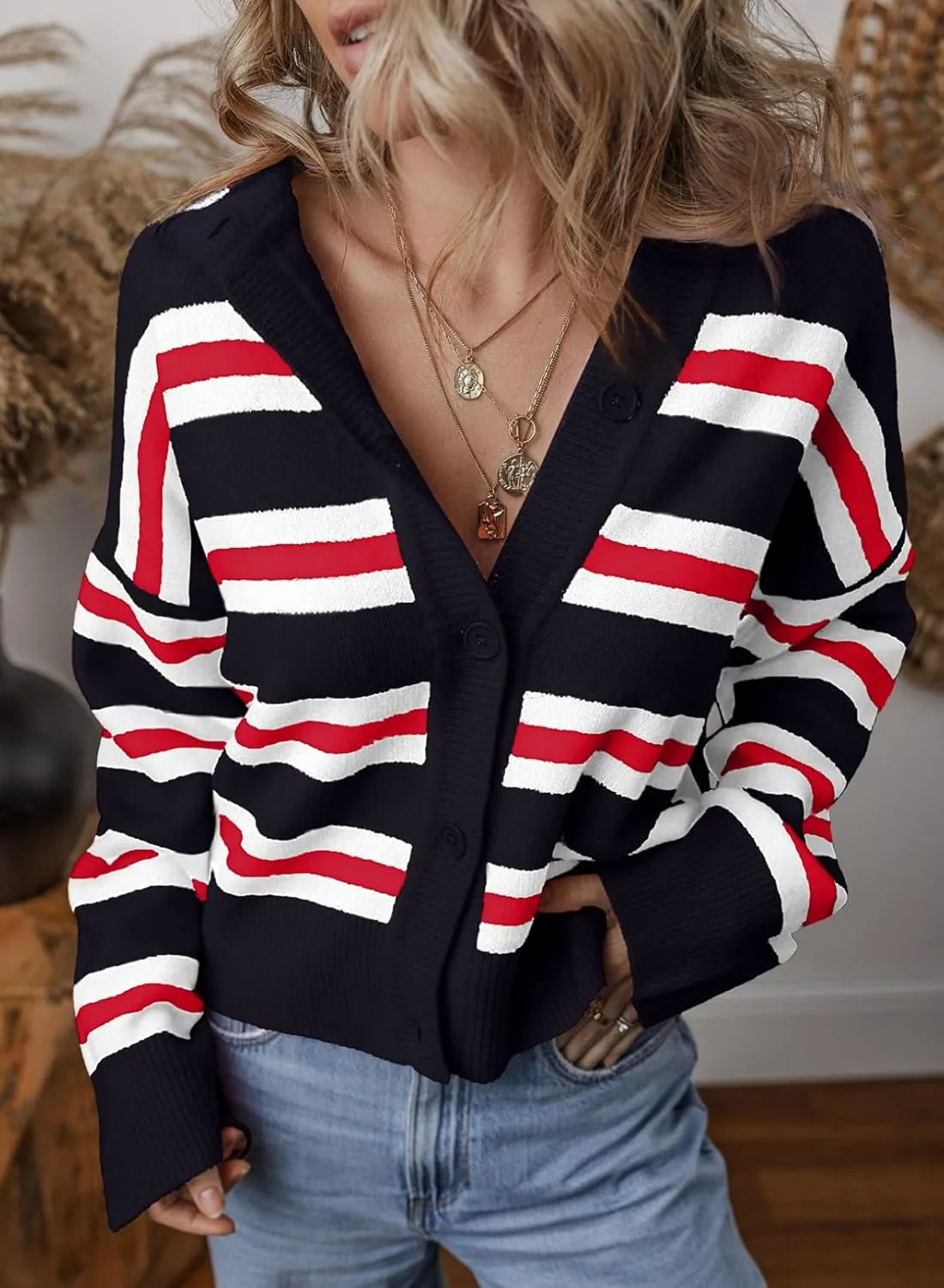 EVALESS Women's Striped Cardigan Sweaters Trendy Lightweight Chunky Knit Cropped Sweaters Outfits Outerwear Coats