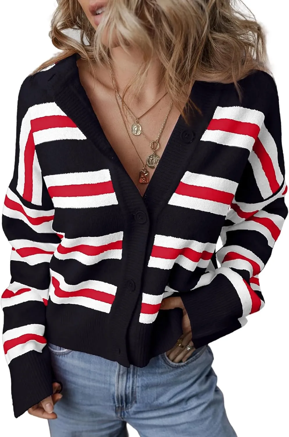 EVALESS Women's Striped Cardigan Sweaters Trendy Lightweight Chunky Knit Cropped Sweaters Outfits Outerwear Coats