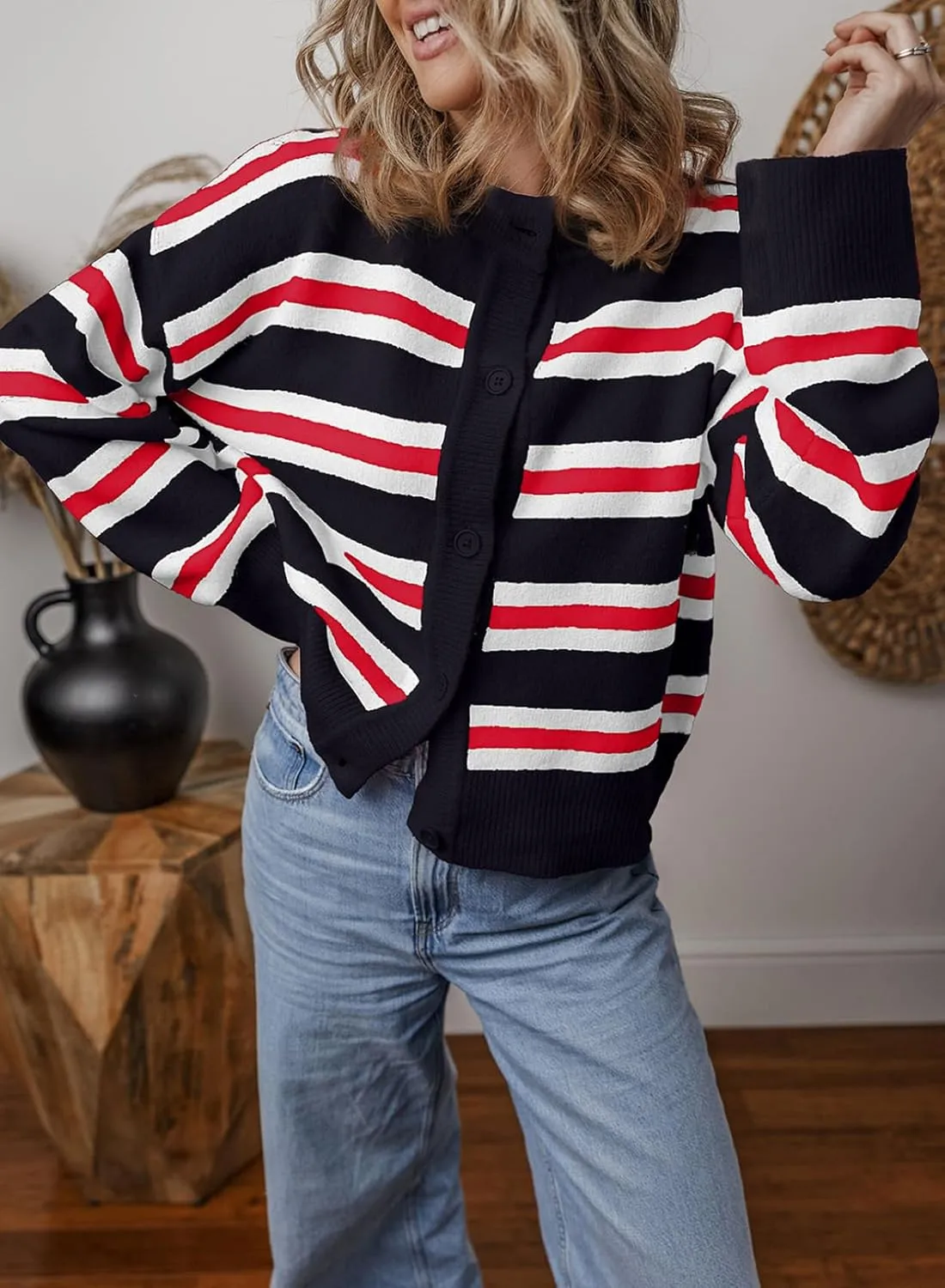 EVALESS Women's Striped Cardigan Sweaters Trendy Lightweight Chunky Knit Cropped Sweaters Outfits Outerwear Coats