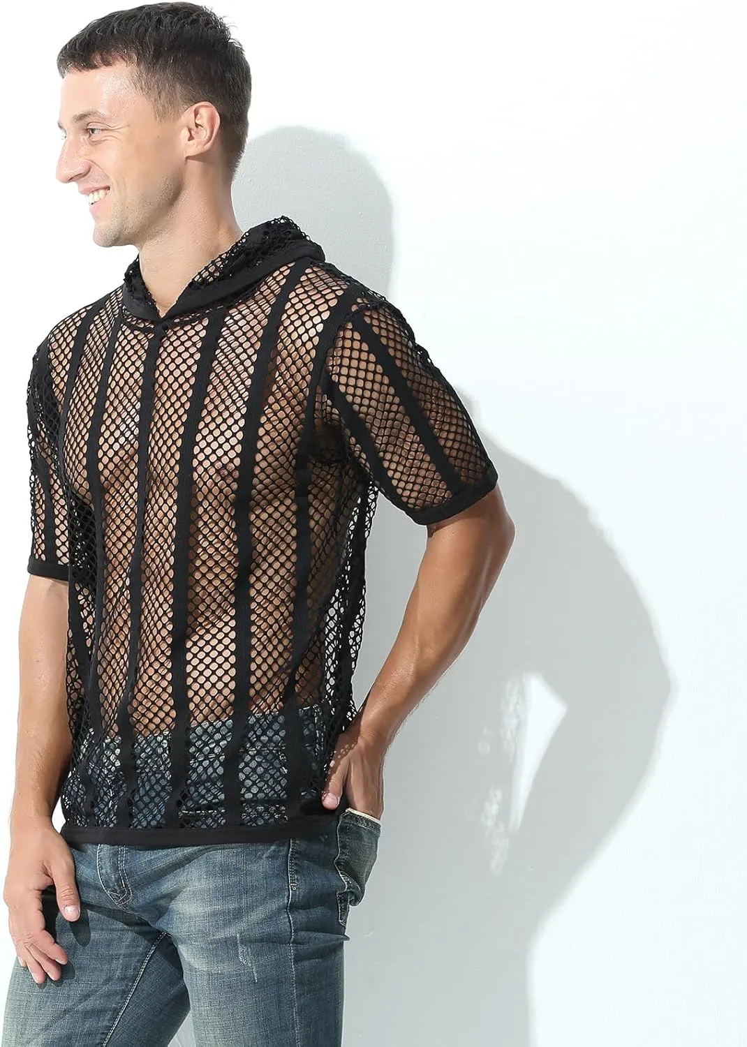 Evankin Mens Sexy Stripe Fishnet Hoodies See Through Mesh Short Sleeve T-Shirt Sheer Muscle Pullover