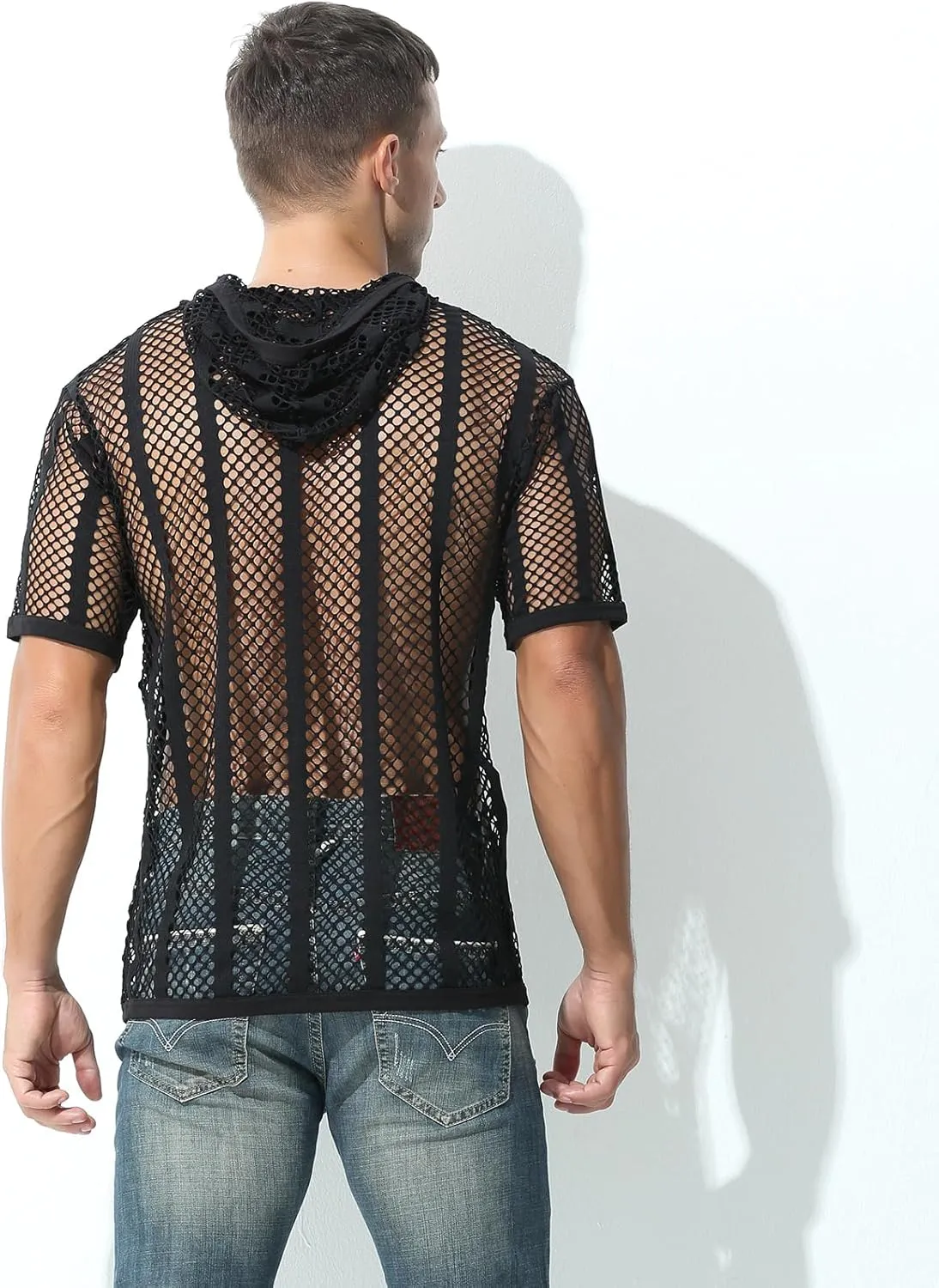 Evankin Mens Sexy Stripe Fishnet Hoodies See Through Mesh Short Sleeve T-Shirt Sheer Muscle Pullover