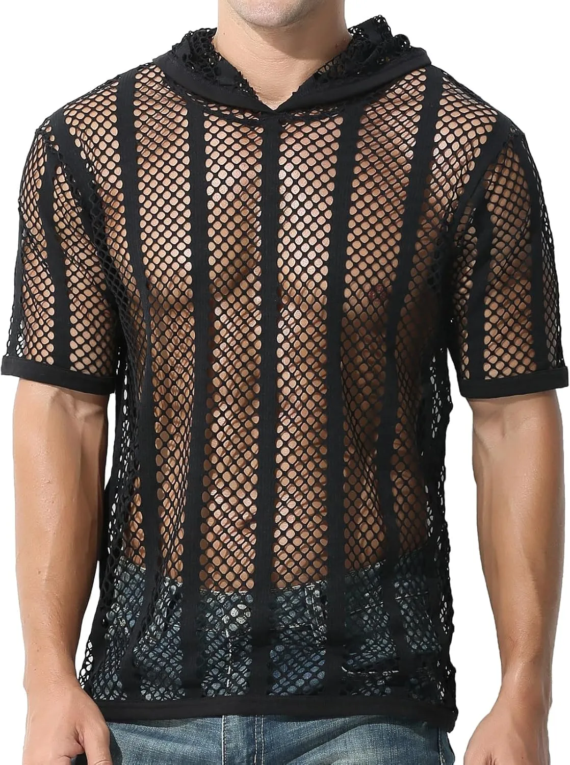 Evankin Mens Sexy Stripe Fishnet Hoodies See Through Mesh Short Sleeve T-Shirt Sheer Muscle Pullover