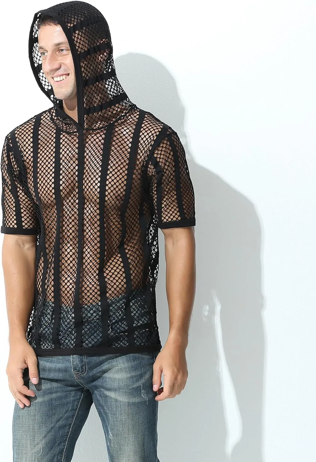 Evankin Mens Sexy Stripe Fishnet Hoodies See Through Mesh Short Sleeve T-Shirt Sheer Muscle Pullover