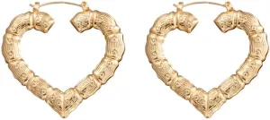 Exaggerate Bamboo Heart Dangle Earrings Gold Hollow Heart Hoop Earrings 80s 90s Bamboo Earrings Punk Heart Earrings