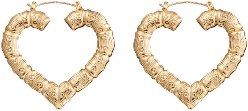 Exaggerate Bamboo Heart Dangle Earrings Gold Hollow Heart Hoop Earrings 80s 90s Bamboo Earrings Punk Heart Earrings