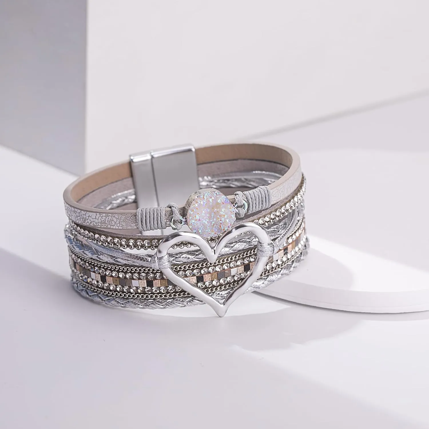 FANCY SHINY Heart Leather Wrap Bracelets Stackable Boho Cuff Bangles Trendy Resin Stone Rhinestone Bracelets with Magnetic Clasp for Women Mother Gift Jewelry