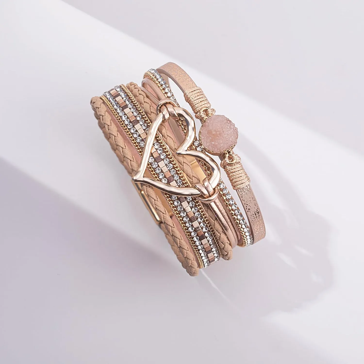 FANCY SHINY Heart Leather Wrap Bracelets Stackable Boho Cuff Bangles Trendy Resin Stone Rhinestone Bracelets with Magnetic Clasp for Women Mother Gift Jewelry