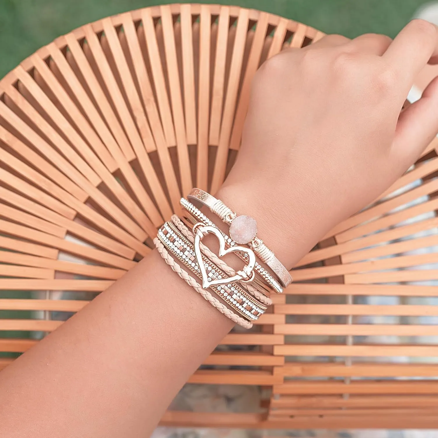 FANCY SHINY Heart Leather Wrap Bracelets Stackable Boho Cuff Bangles Trendy Resin Stone Rhinestone Bracelets with Magnetic Clasp for Women Mother Gift Jewelry