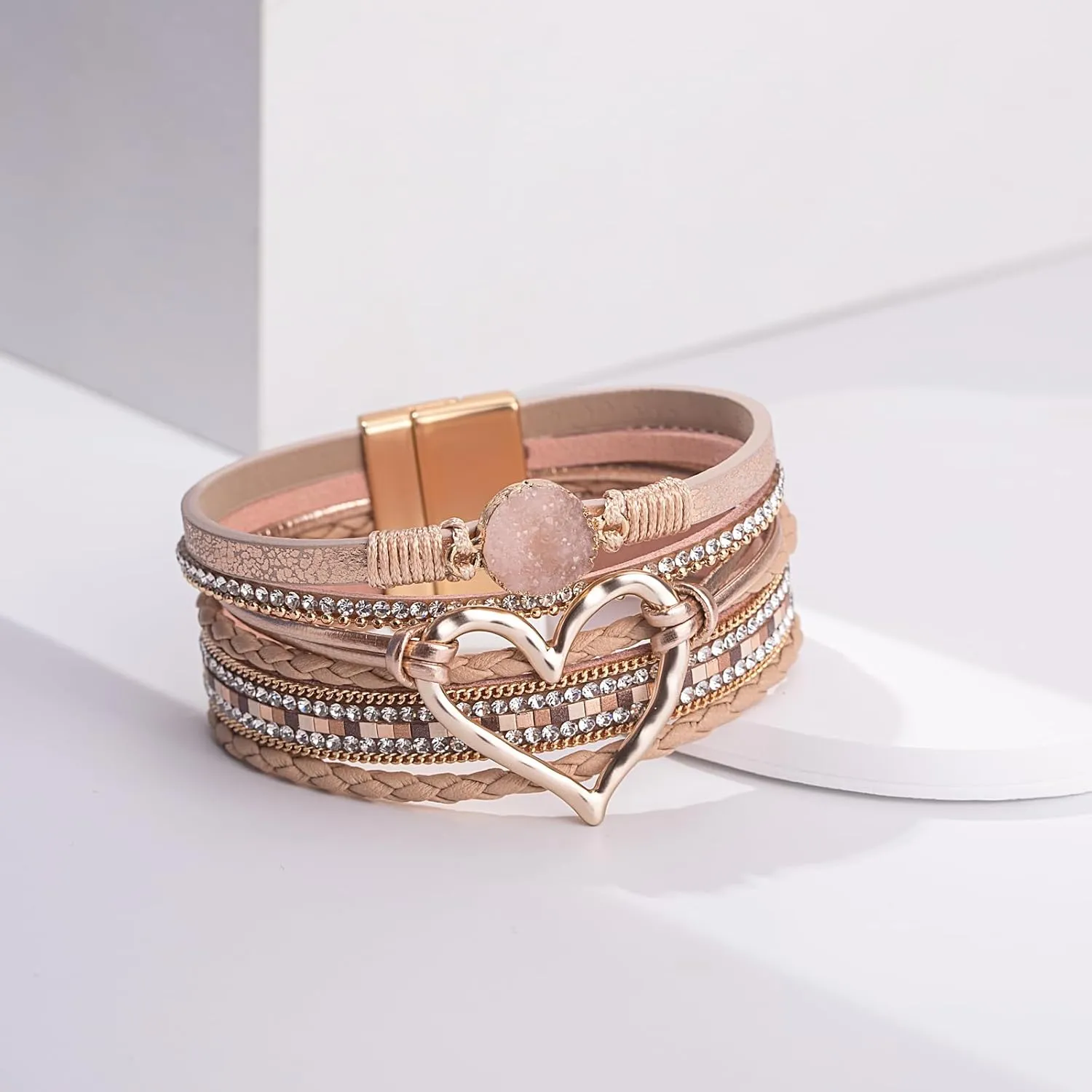 FANCY SHINY Heart Leather Wrap Bracelets Stackable Boho Cuff Bangles Trendy Resin Stone Rhinestone Bracelets with Magnetic Clasp for Women Mother Gift Jewelry