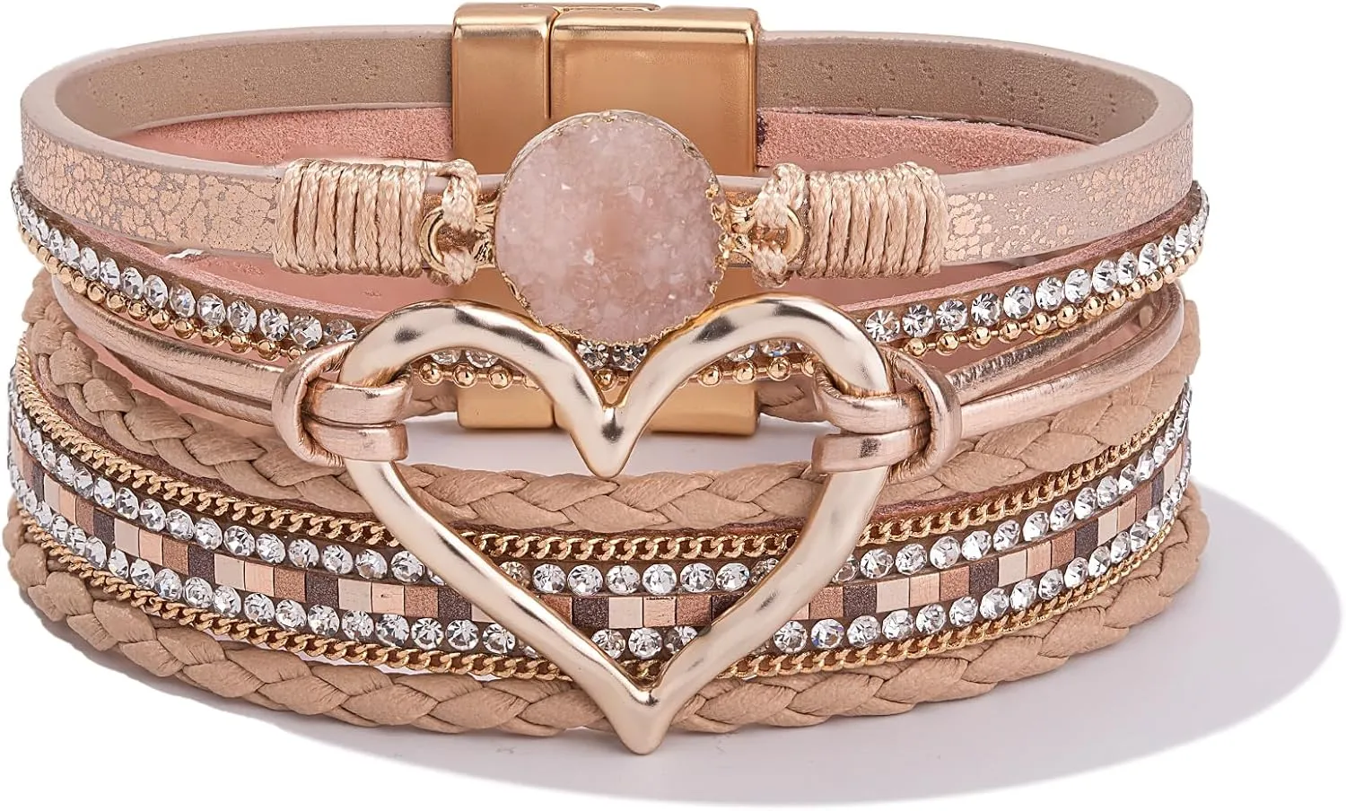 FANCY SHINY Heart Leather Wrap Bracelets Stackable Boho Cuff Bangles Trendy Resin Stone Rhinestone Bracelets with Magnetic Clasp for Women Mother Gift Jewelry