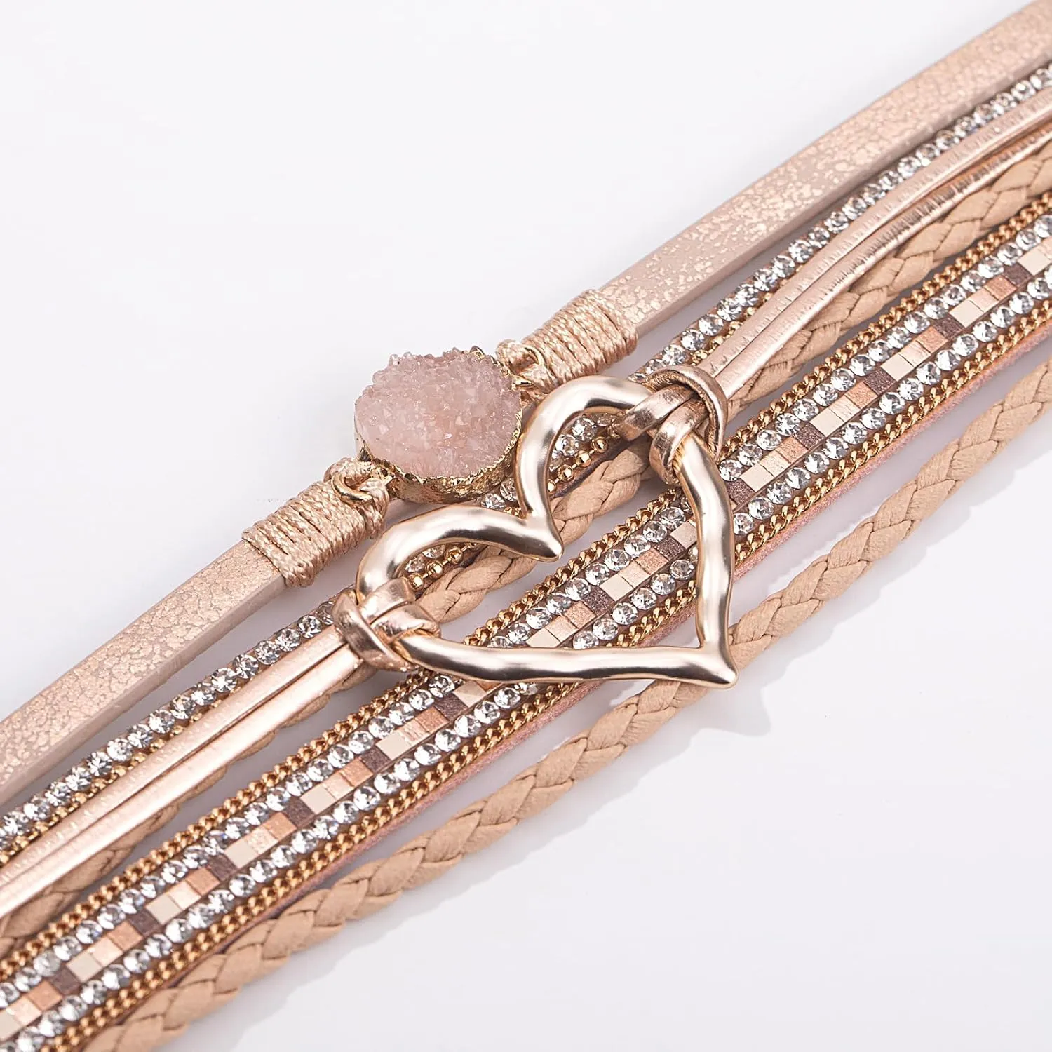 FANCY SHINY Heart Leather Wrap Bracelets Stackable Boho Cuff Bangles Trendy Resin Stone Rhinestone Bracelets with Magnetic Clasp for Women Mother Gift Jewelry