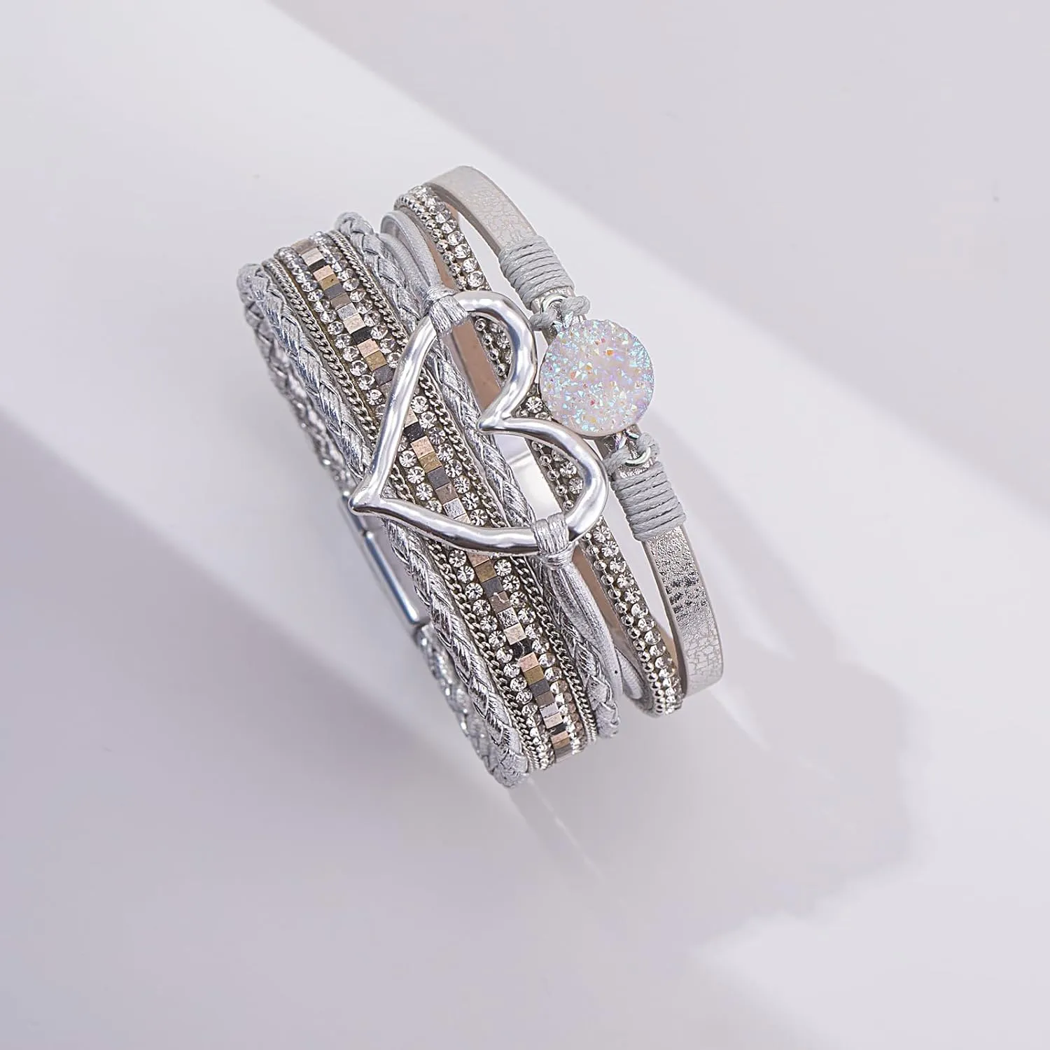 FANCY SHINY Heart Leather Wrap Bracelets Stackable Boho Cuff Bangles Trendy Resin Stone Rhinestone Bracelets with Magnetic Clasp for Women Mother Gift Jewelry