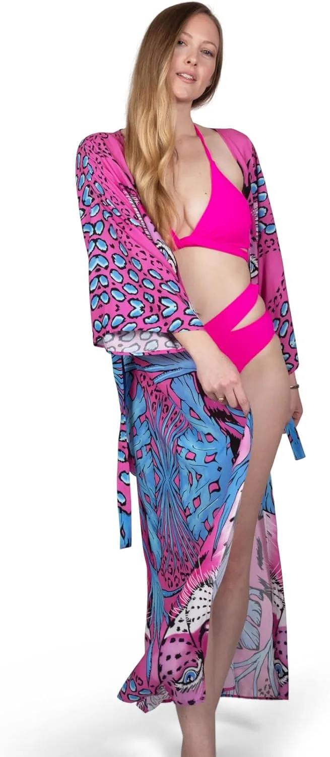 Fantastical Leopard Print Swimsuit Bathing Suit Beach Long Maxi 2 Belt Loops Tie Front Kimono Robe Cover Up 2025 for Women (Magenta and Blue)