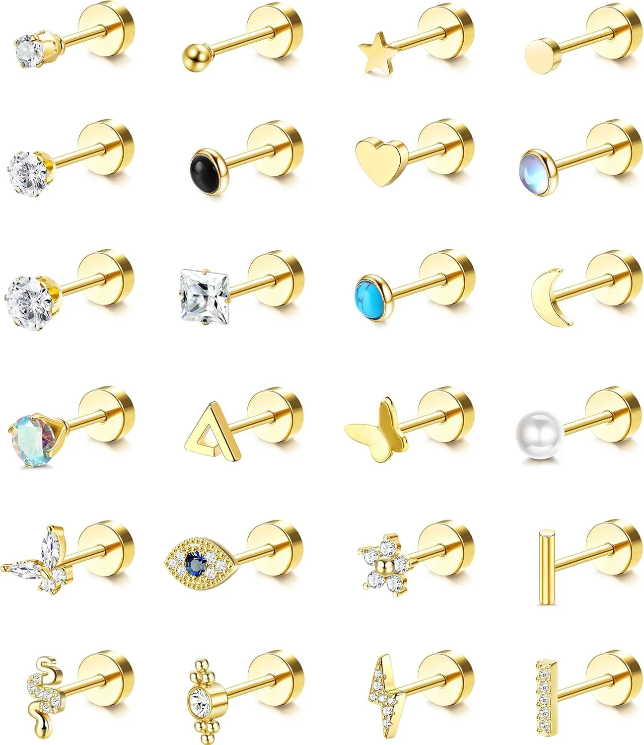 FASACCO 24Pcs Flat Back Earrings for Women Men Hypoallergenic Stainless Steel Stud Earrings 20G Cartilage Earring Tiny Ball CZ Butterfly Moon Star Flatback Earrings Set for Multiple Piercing