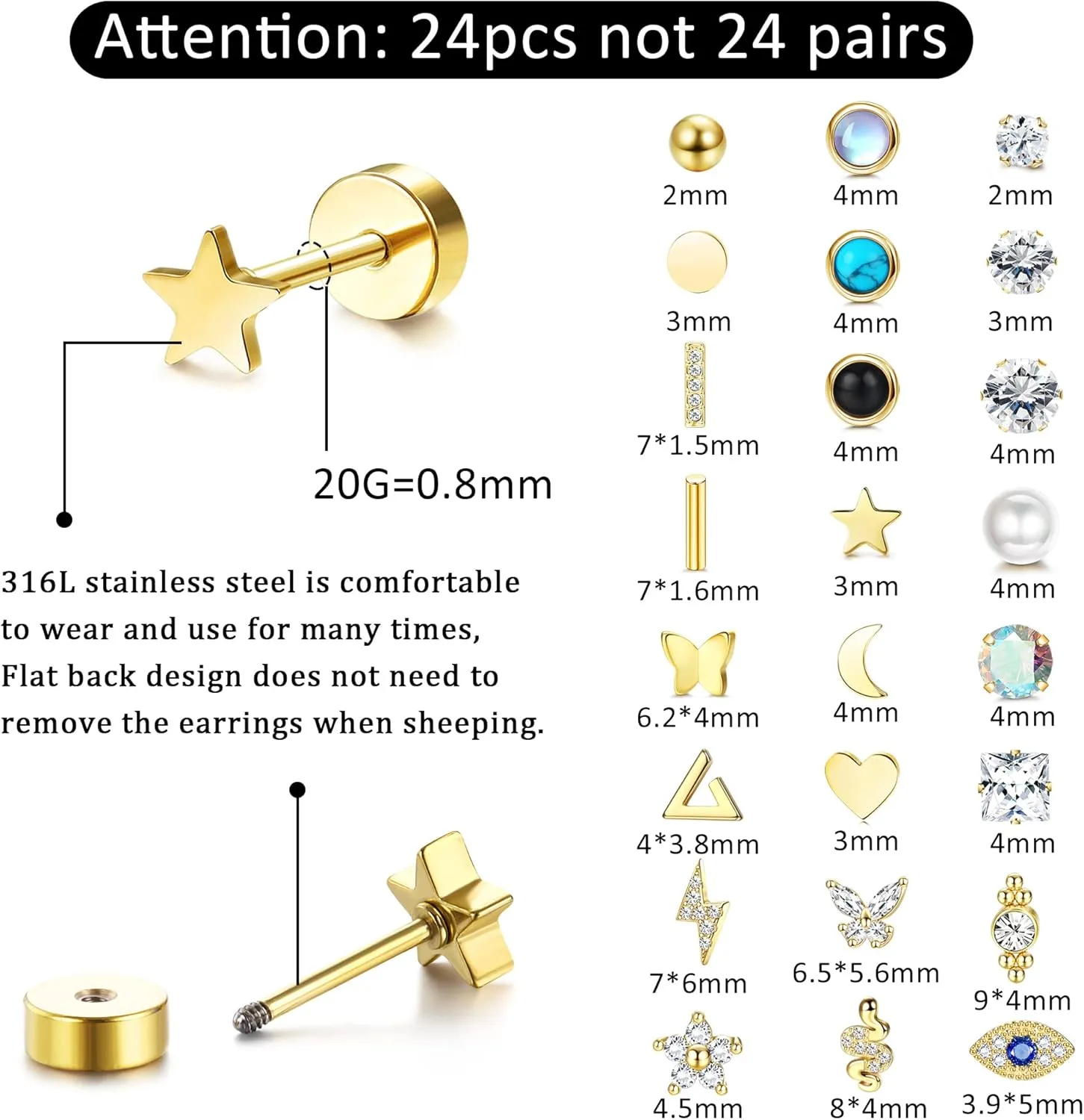 FASACCO 24Pcs Flat Back Earrings for Women Men Hypoallergenic Stainless Steel Stud Earrings 20G Cartilage Earring Tiny Ball CZ Butterfly Moon Star Flatback Earrings Set for Multiple Piercing