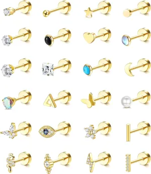 FASACCO 24Pcs Flat Back Earrings for Women Men Hypoallergenic Stainless Steel Stud Earrings 20G Cartilage Earring Tiny Ball CZ Butterfly Moon Star Flatback Earrings Set for Multiple Piercing