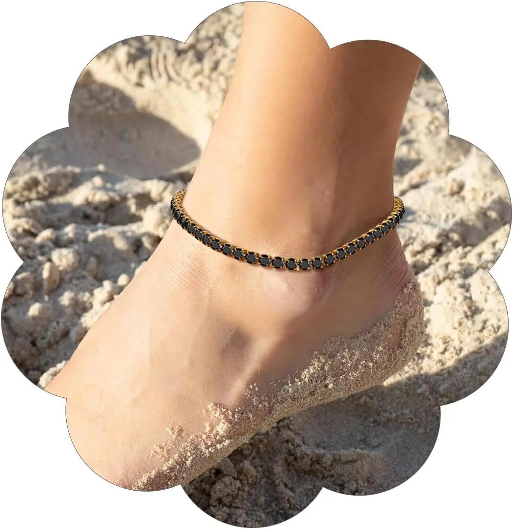 FindChic Sparkling Tennis Chain Ankle Bracelets for Women, 8.5" Stainless Steel Anklets White and Black CZ Diamond Foot Link Jewelry Fit for Summer Beach