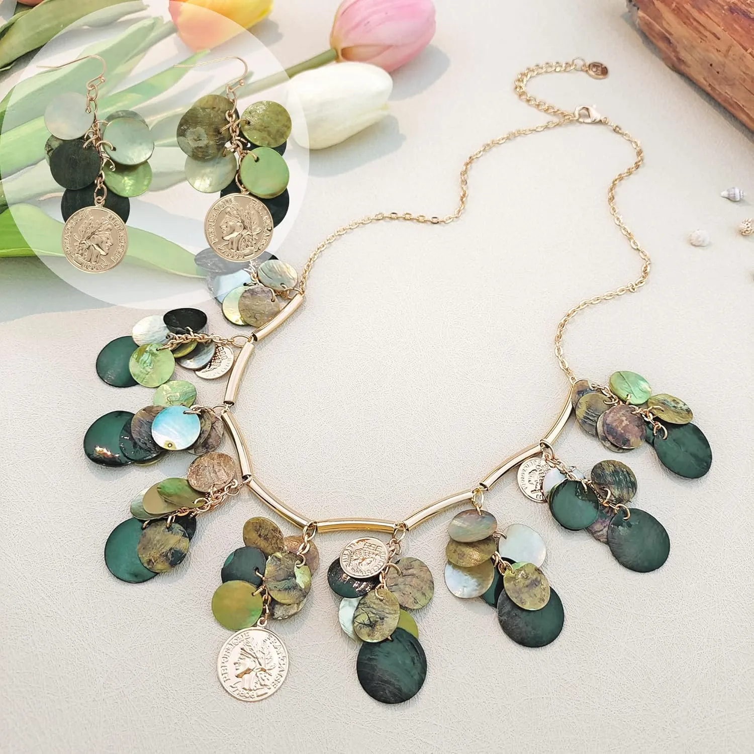 Firstmeet Colorful Coin Shell Tassel Necklace Nature Mother Of Pearl Handmade Chain Bohemian Style Choker Jewellry For Women