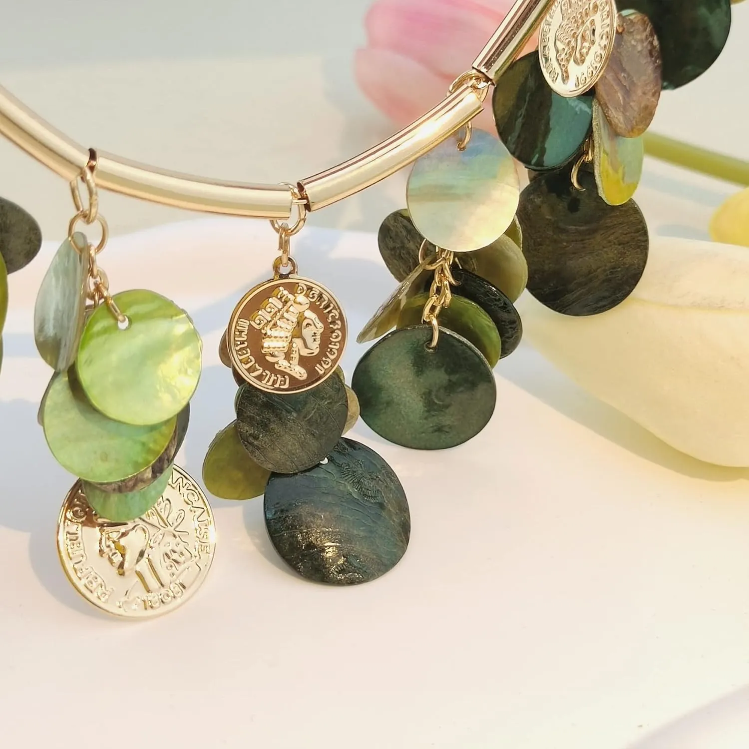Firstmeet Colorful Coin Shell Tassel Necklace Nature Mother Of Pearl Handmade Chain Bohemian Style Choker Jewellry For Women