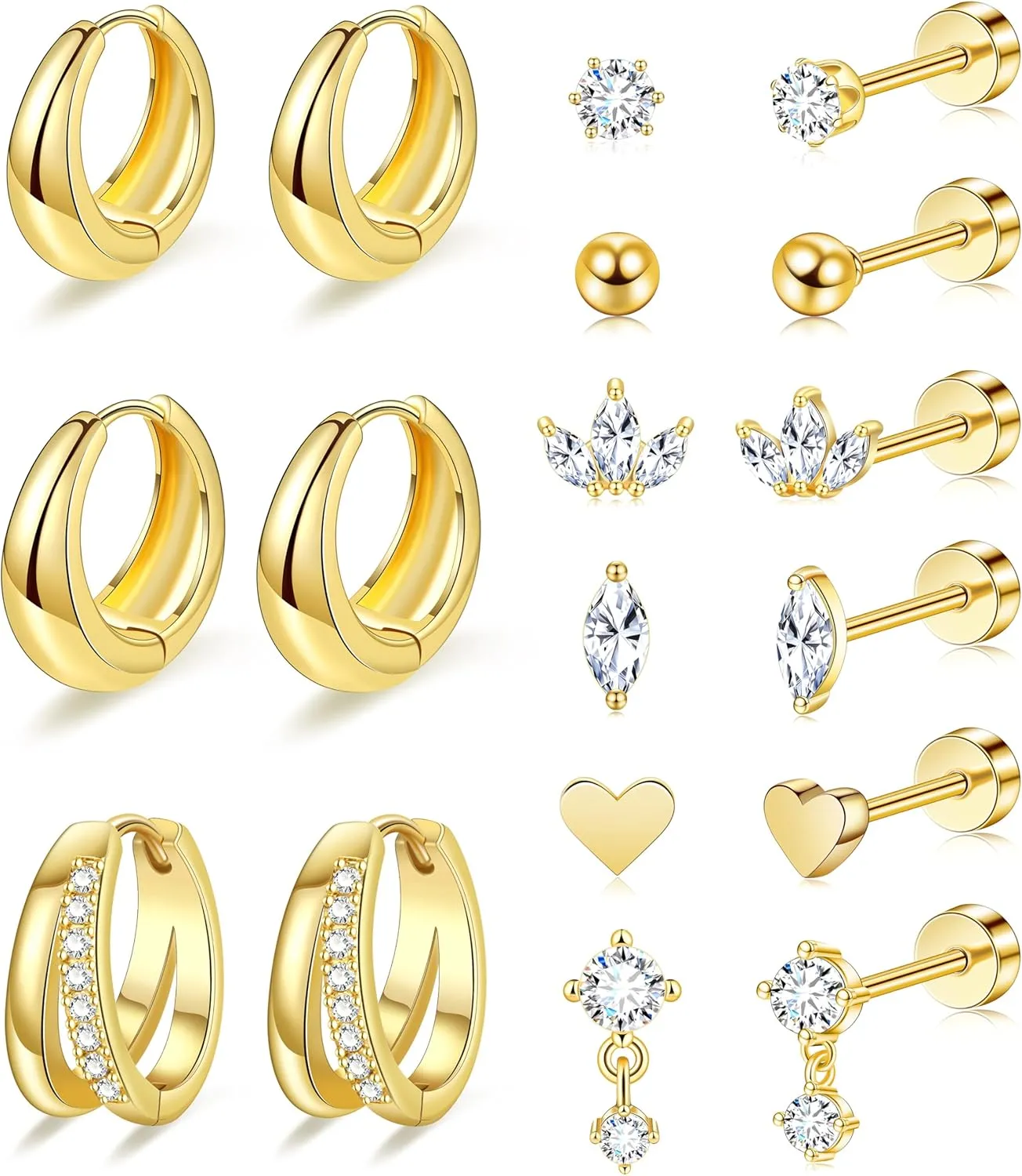 Flat Back Stud Earrings for Women Surgical Stainless Steel Flatback Stud Earring Sets Hypoallergenic Cartilage Tragus Piercing Jewelry Gold Plated