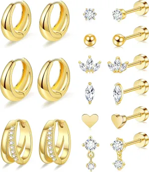 Flat Back Stud Earrings for Women Surgical Stainless Steel Flatback Stud Earring Sets Hypoallergenic Cartilage Tragus Piercing Jewelry Gold Plated