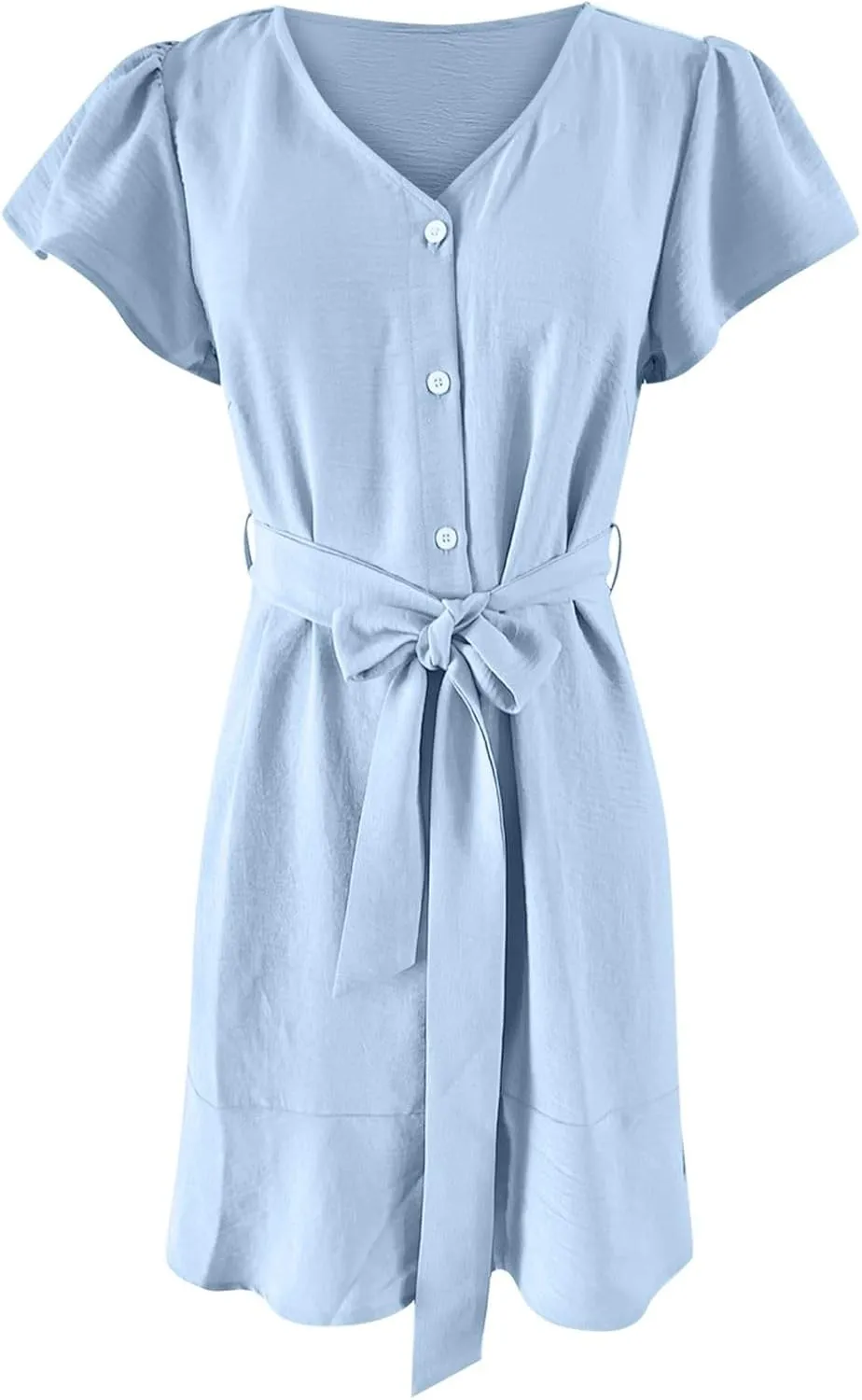 Flowy Dresses for Women,V Neck Button Down Dress Short Sleeve Mini Sundresses Loose Chiffon Shirt Dresses with Belt